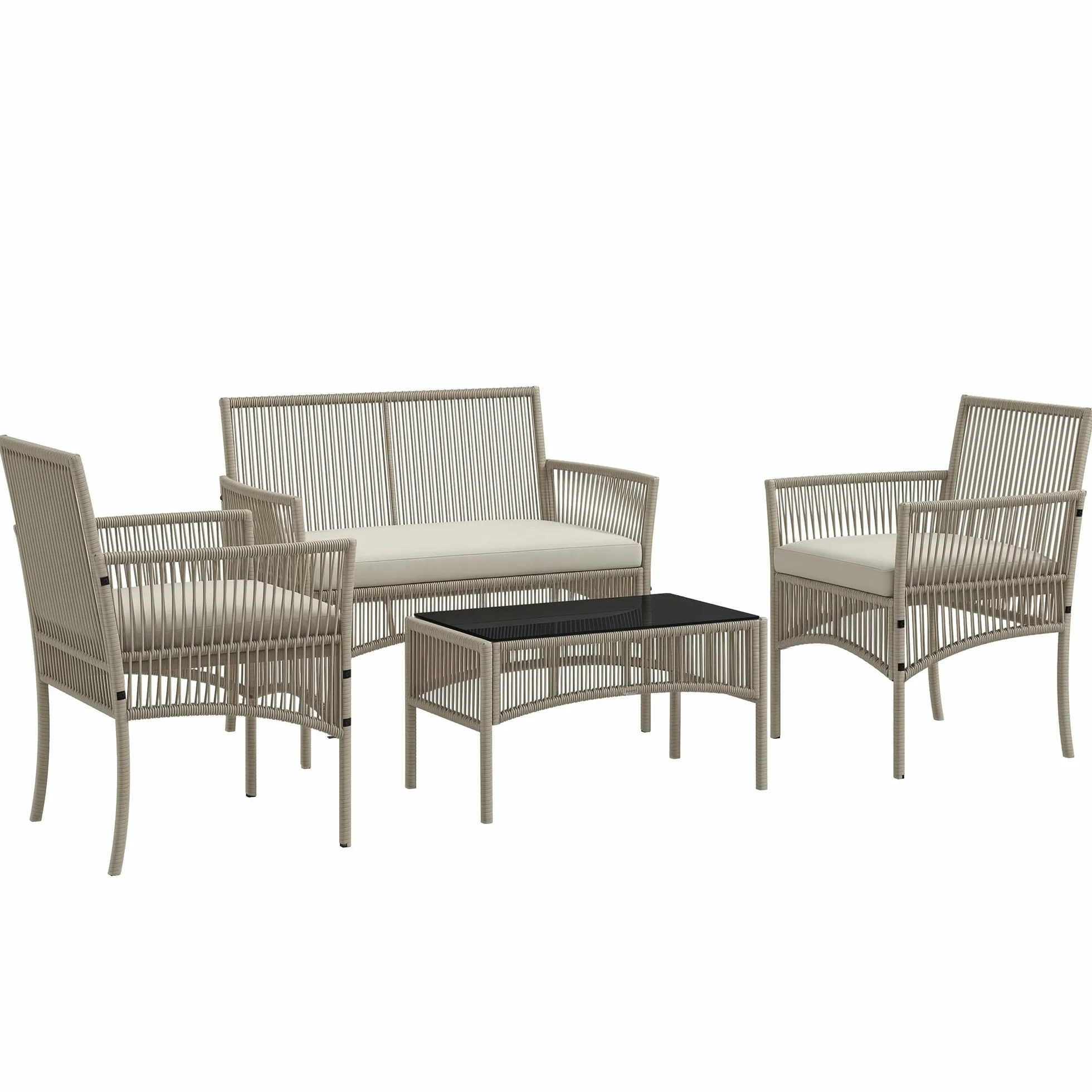 Outsunny Conjunto Jardín Exterior Ratán 4 Piezas Sofá 2 Plazas Sillones Cojines Mesa Tablero Vidrio Caqui