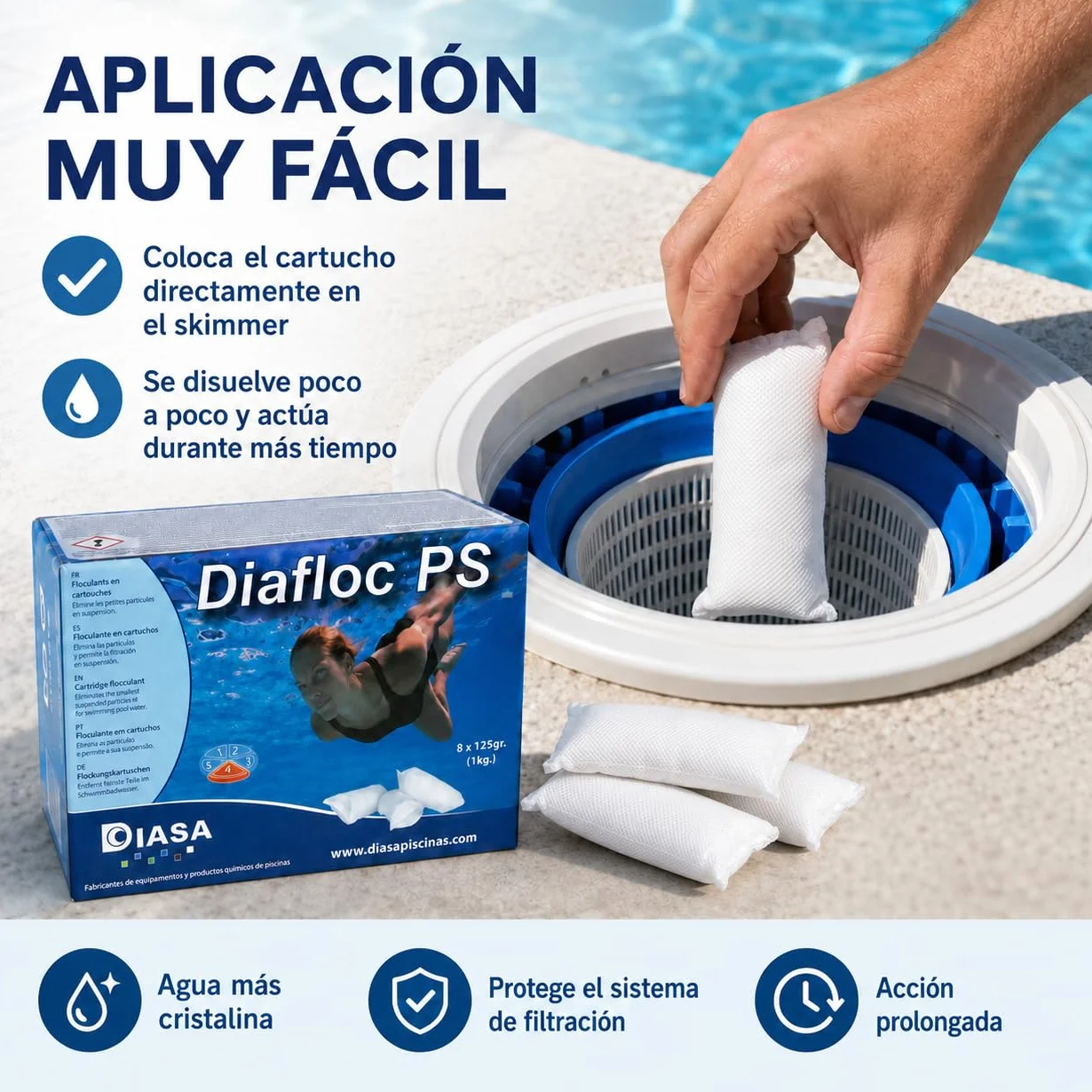 DIASA INDUSTRIAL DIAFLOC PS Floculante Clarificante para Piscinas 1 KG - 8 saquitos de 125 g