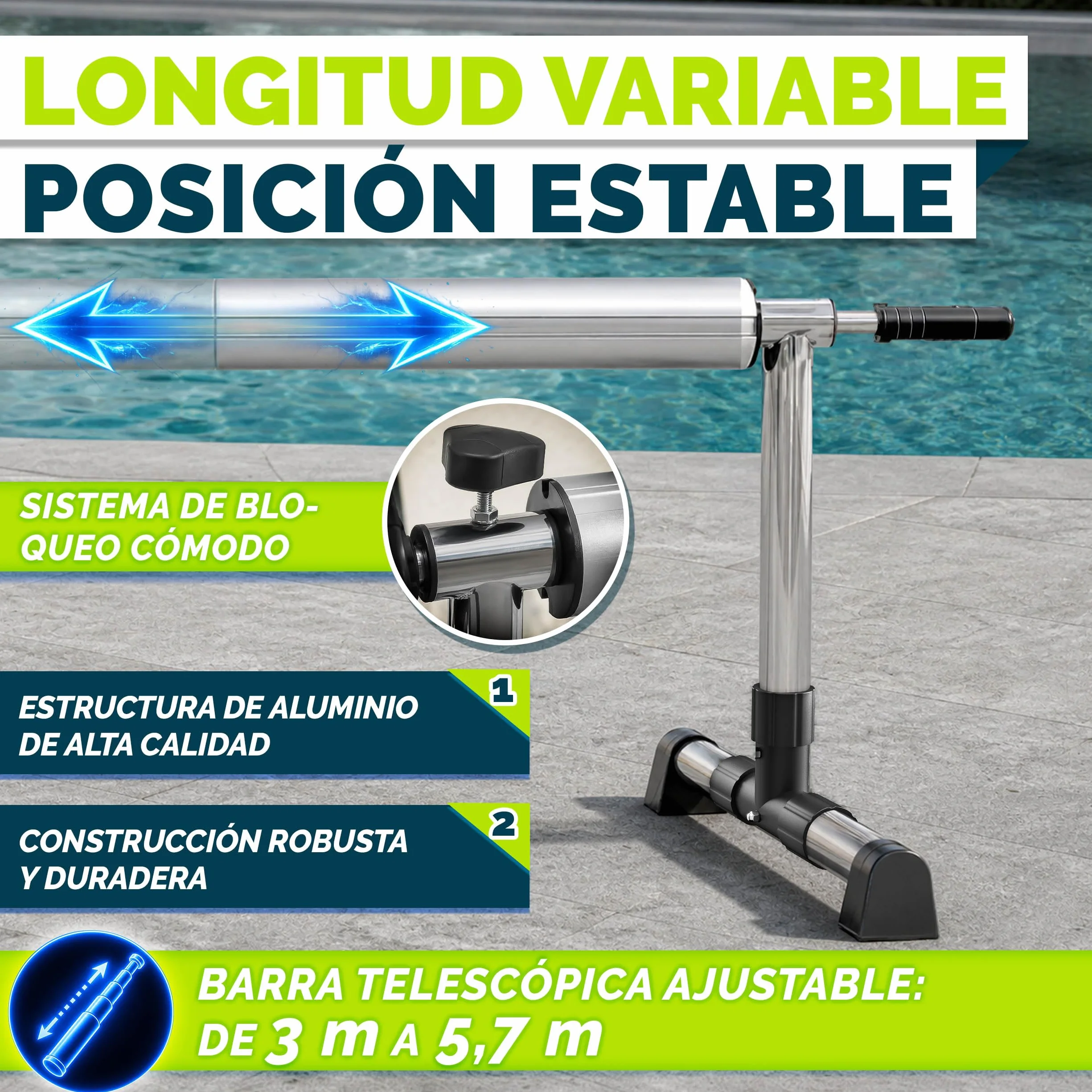 Tillvex Enrollador de Cubiertas para Piscinas 3-5,70 m con Neumáticos de Caucho Macizo y Termómetro