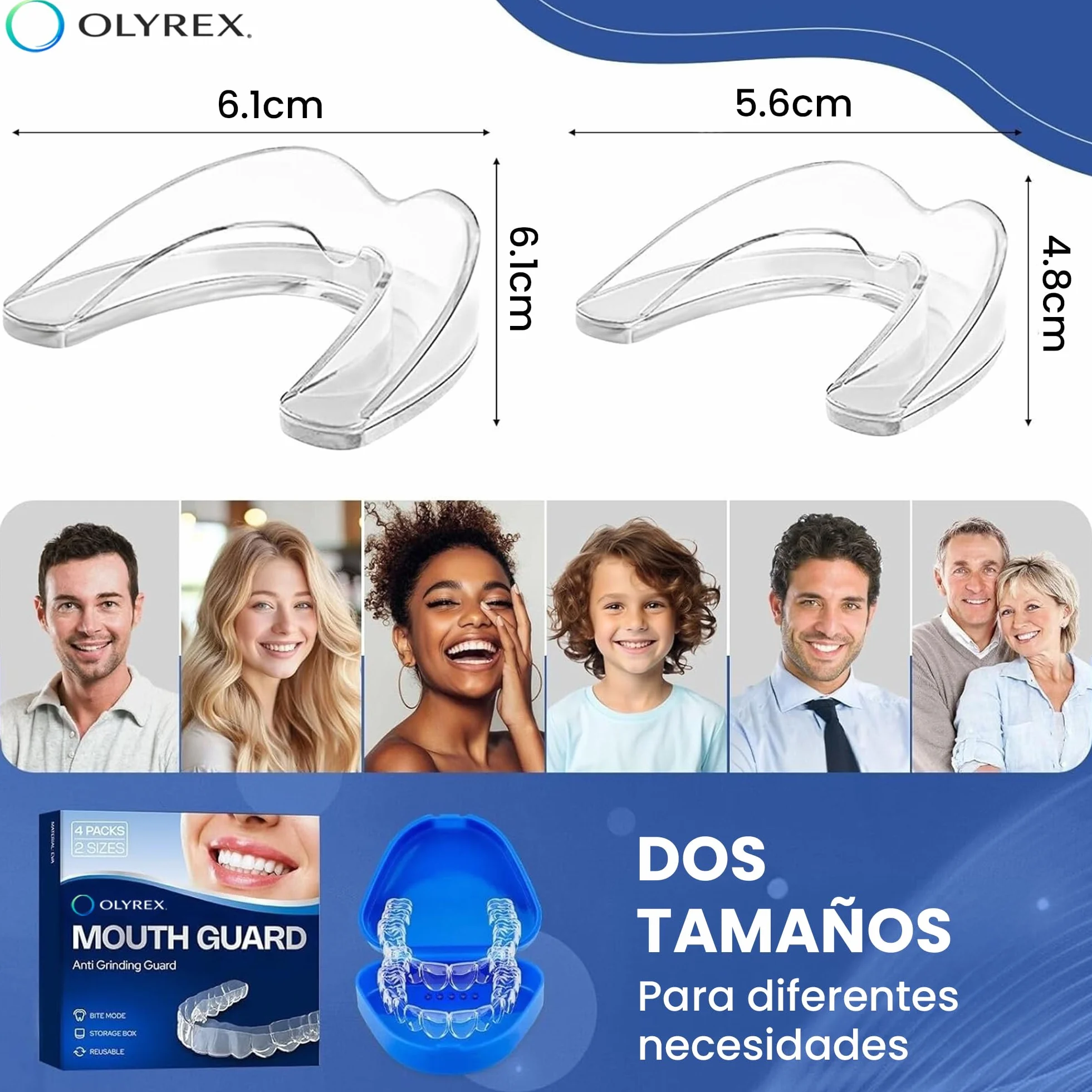 OLYREX® Ferula Descarga Bruxismo 4 Piezas 2 Tamaños Protector Bucal Ajustable Moldeable Reutilizable