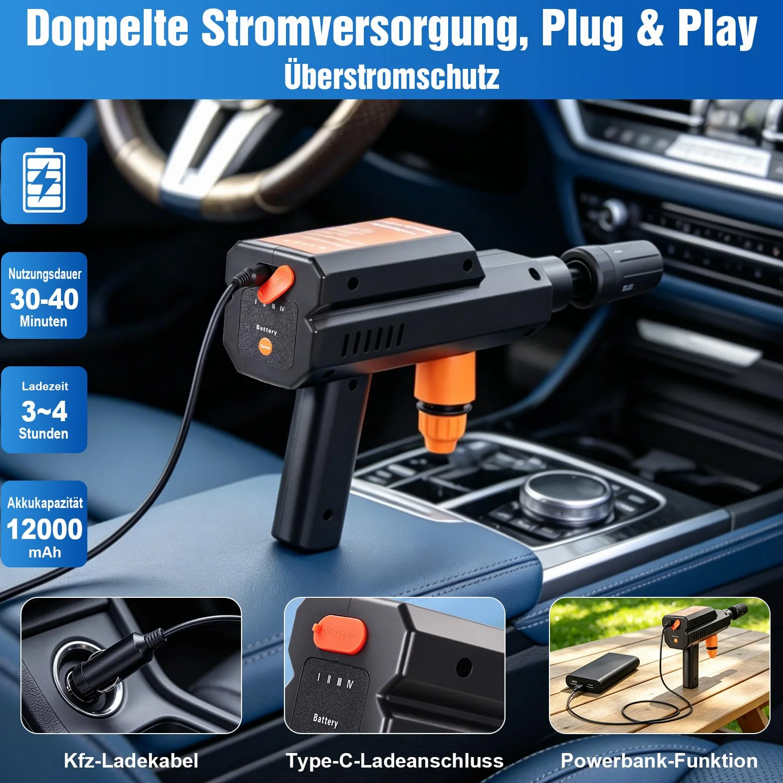 Hidrolimpiadora de Alta Presión, Hidrolimpiadora Inalámbrica 60 Bar/870PSI con 3 x 4000mah Baterías Recargables, Boquilla Hidrolimpiador de Bateria para Limpieza de Automóviles