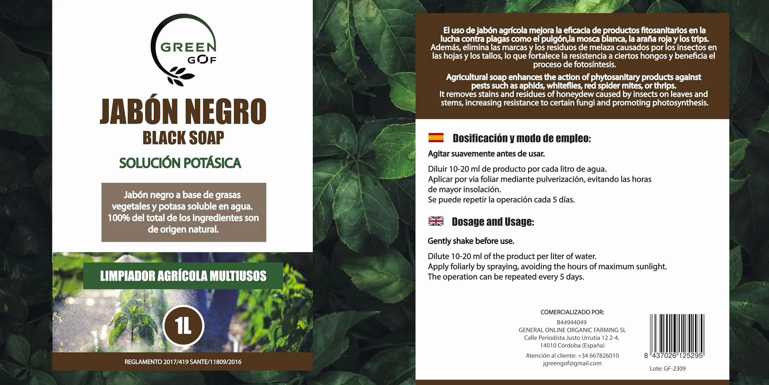 GREENGOF Jabón Potásico Premium 1L Concentrado Hongos Plagas Pulgón Mosca Blanca Araña Roja Cochinilla