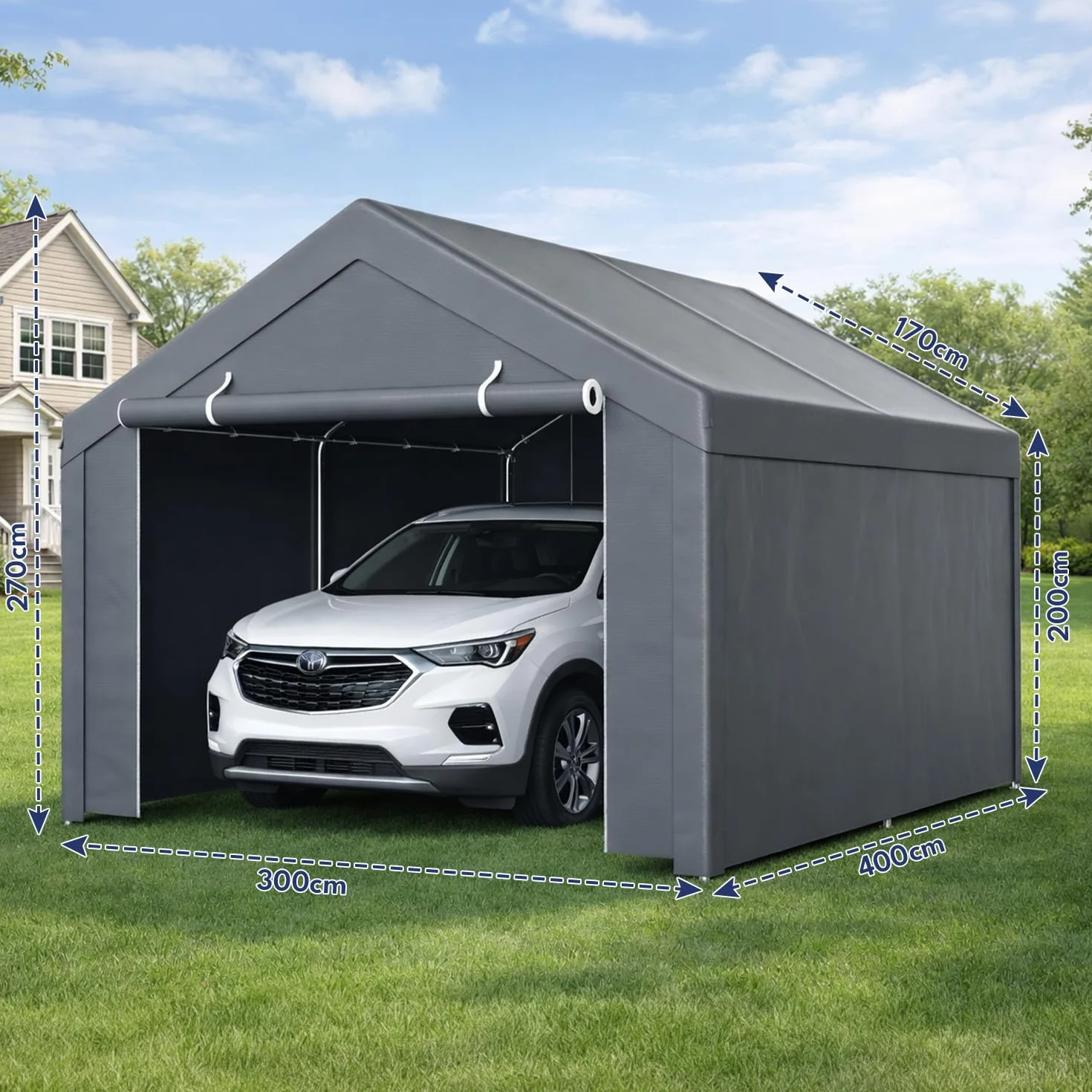 Carport 3x4 m impermeable con lona PE, 2 paredes laterales, protección UV para coche SUV barco