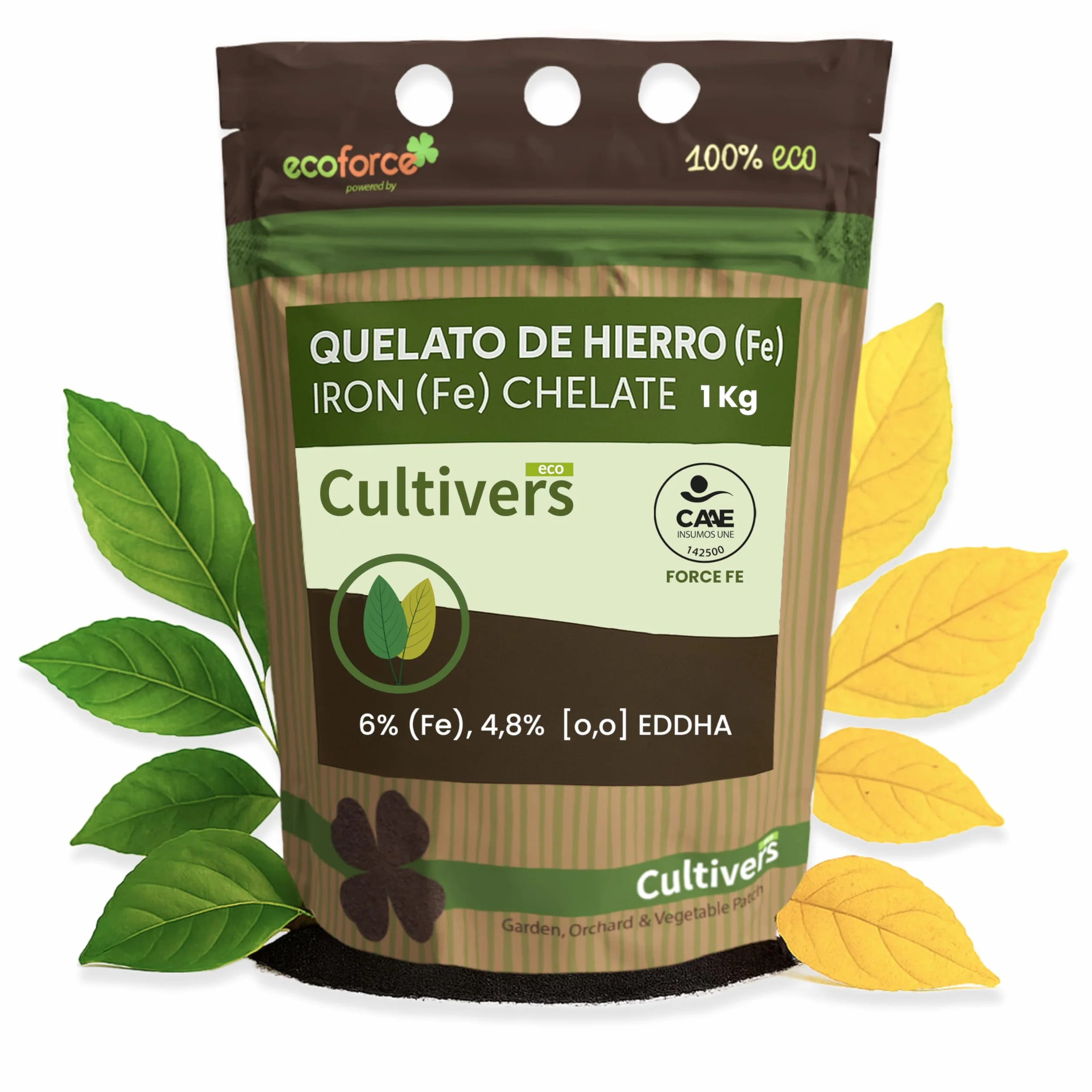CULTIVERS Quelato de Hierro Ecológico 1 kg | Abono soluble con Hierro Fe-EDDHA 6% (orto-orto 4,8%)