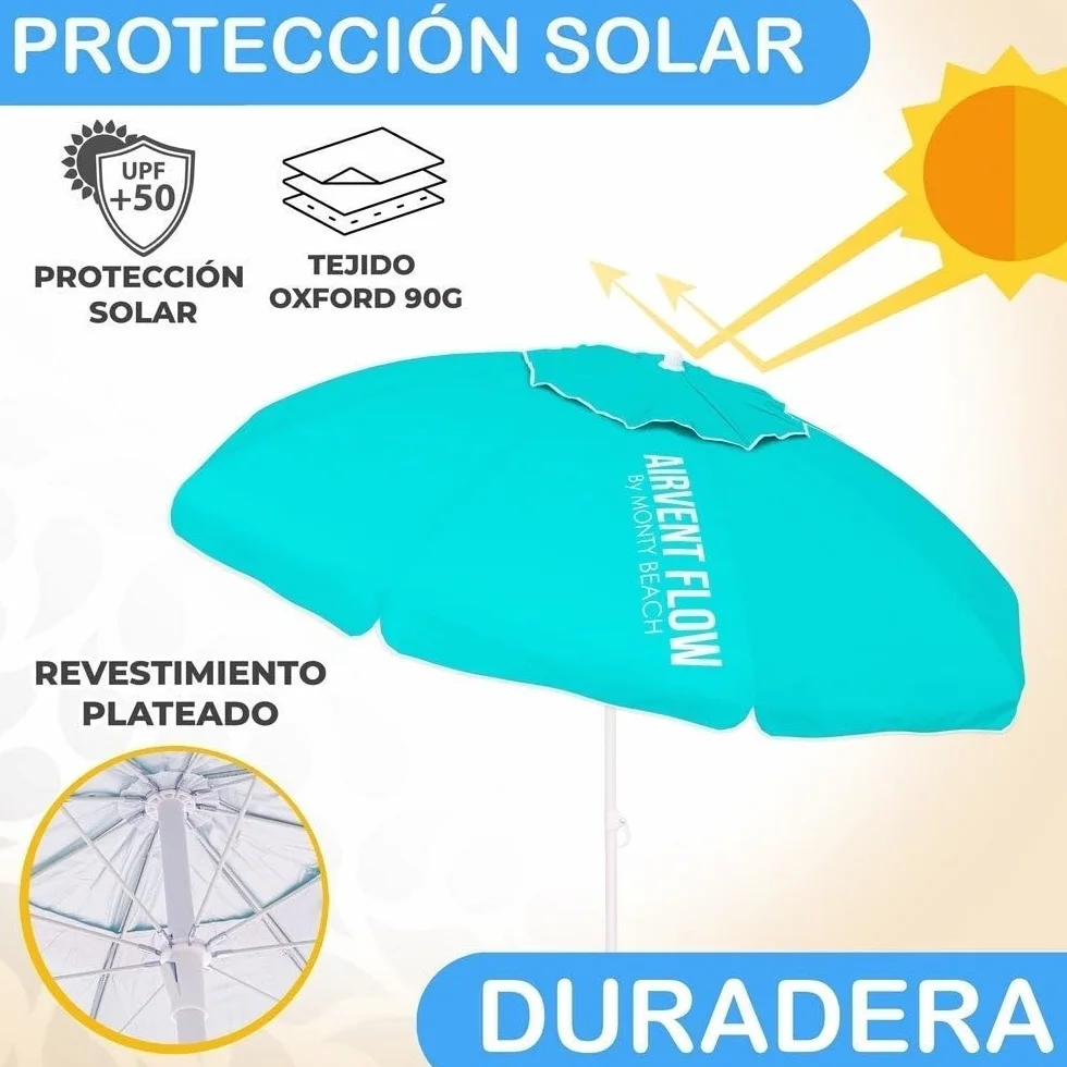 LOLAhome Sombrilla Playa 220 cm protección UV+50 antiviento Varillas Flexibles Fibra