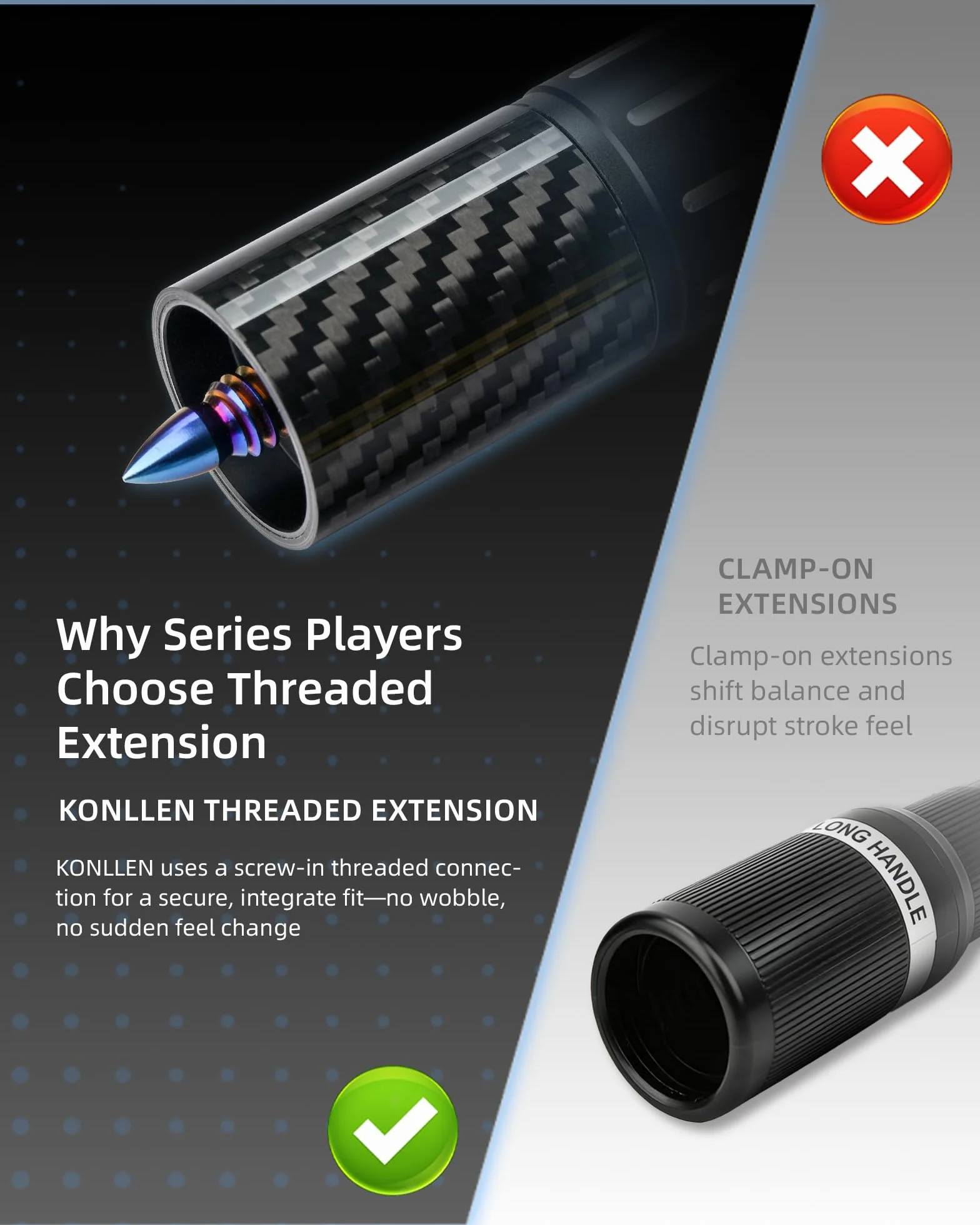 KONLLEN Pool Cue Extension Carbon Fiber Billiards Cue Extension with 3 Bumpers