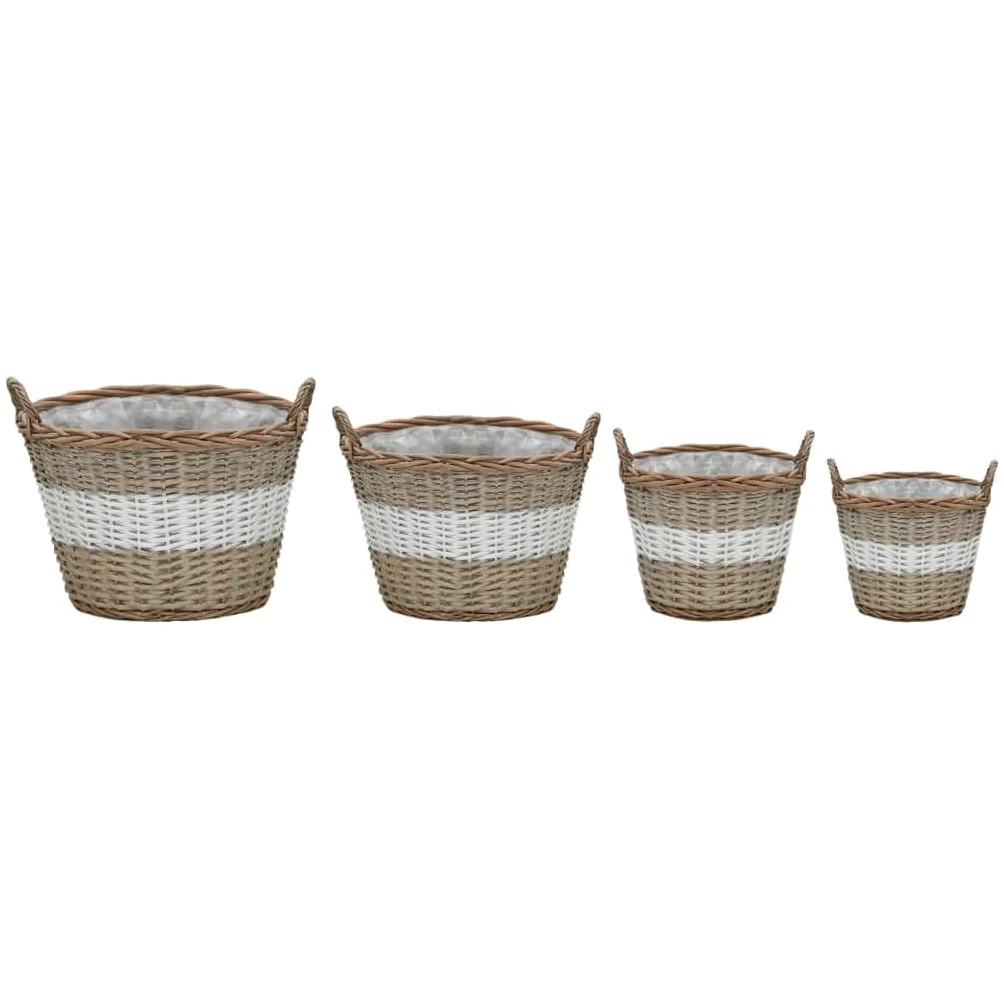 Juego de 4 maceteros de mimbre de mimbre hechos a mano con forro de polietileno, diseño moderno para balcón, jardín y terraza (22 – 40 cm), color marrón y blanco
