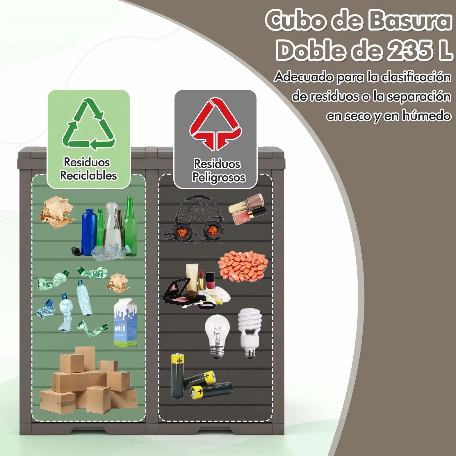 COSTWAY Cubo de Basura Exterior 118L Doble Impermeable con Tapa Escalonada 77x40x86 cm Marrón
