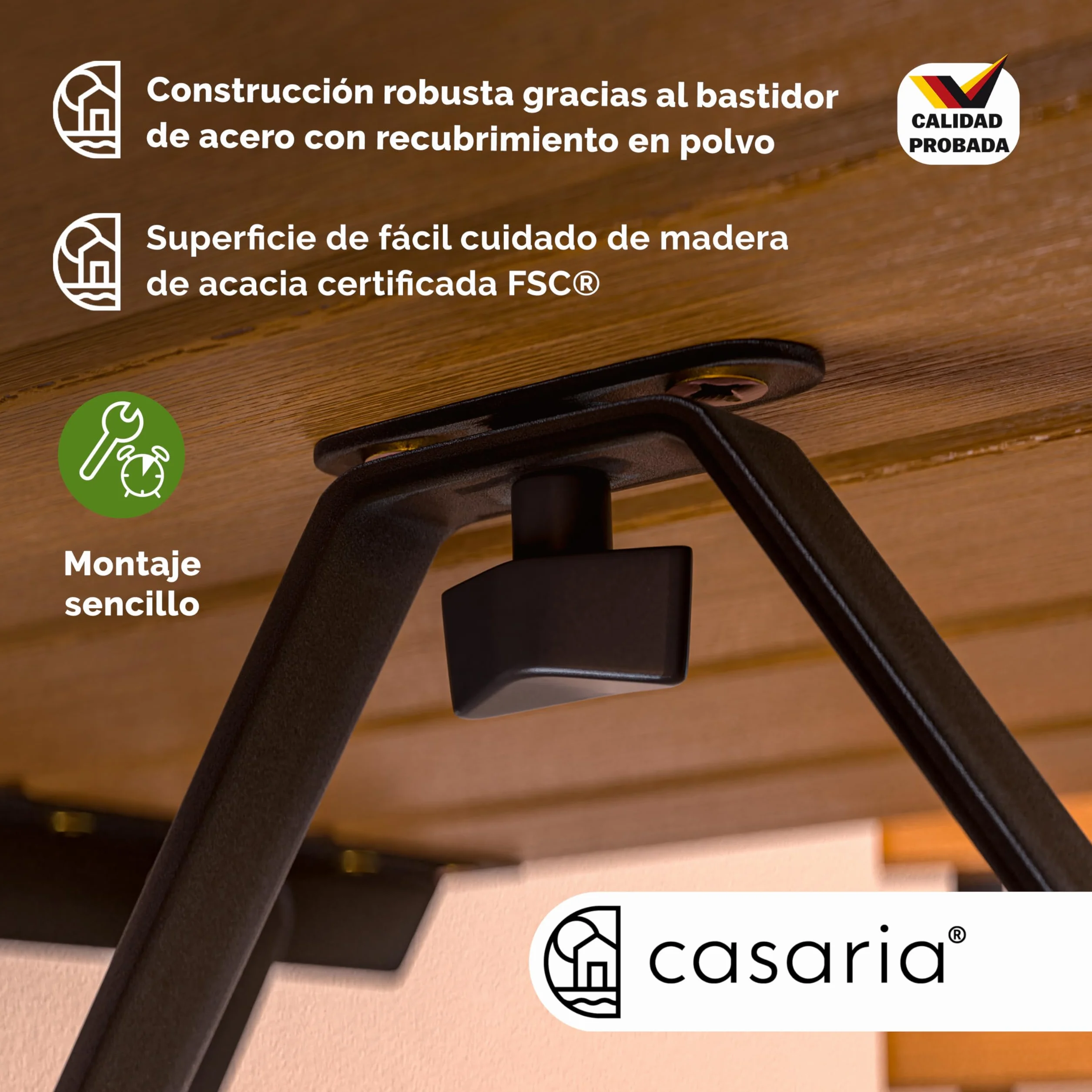 CASARIA® Set Muebles de Balcón 3 Pzs Mesa 2 Sillas Jardín Plegables Completo Metal Madera Acacia Certif FSC®