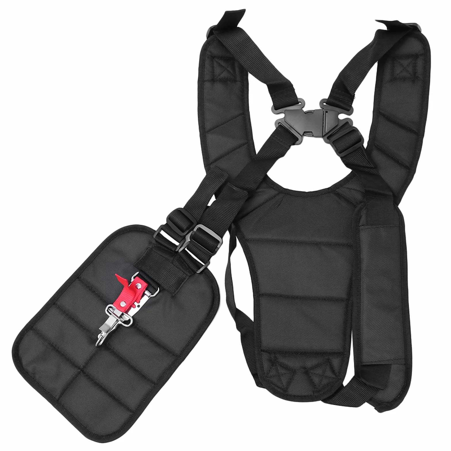 Correa para Desbrozadora Ajustable para Hombro y Cintura Negro para Uso Cómodo en Jardinería con Hebilla Fácil de Usar y Gancho de Transporte Ergonómico