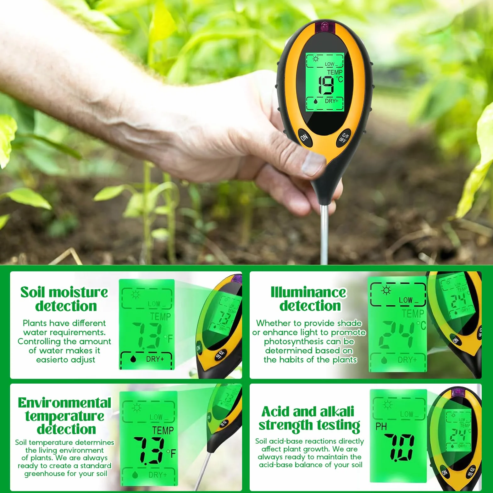 Medidor de Suelo 4 en 1 pH/Humedad/Temperatura/Luz con Pantalla LCD para Jardín y Plantas