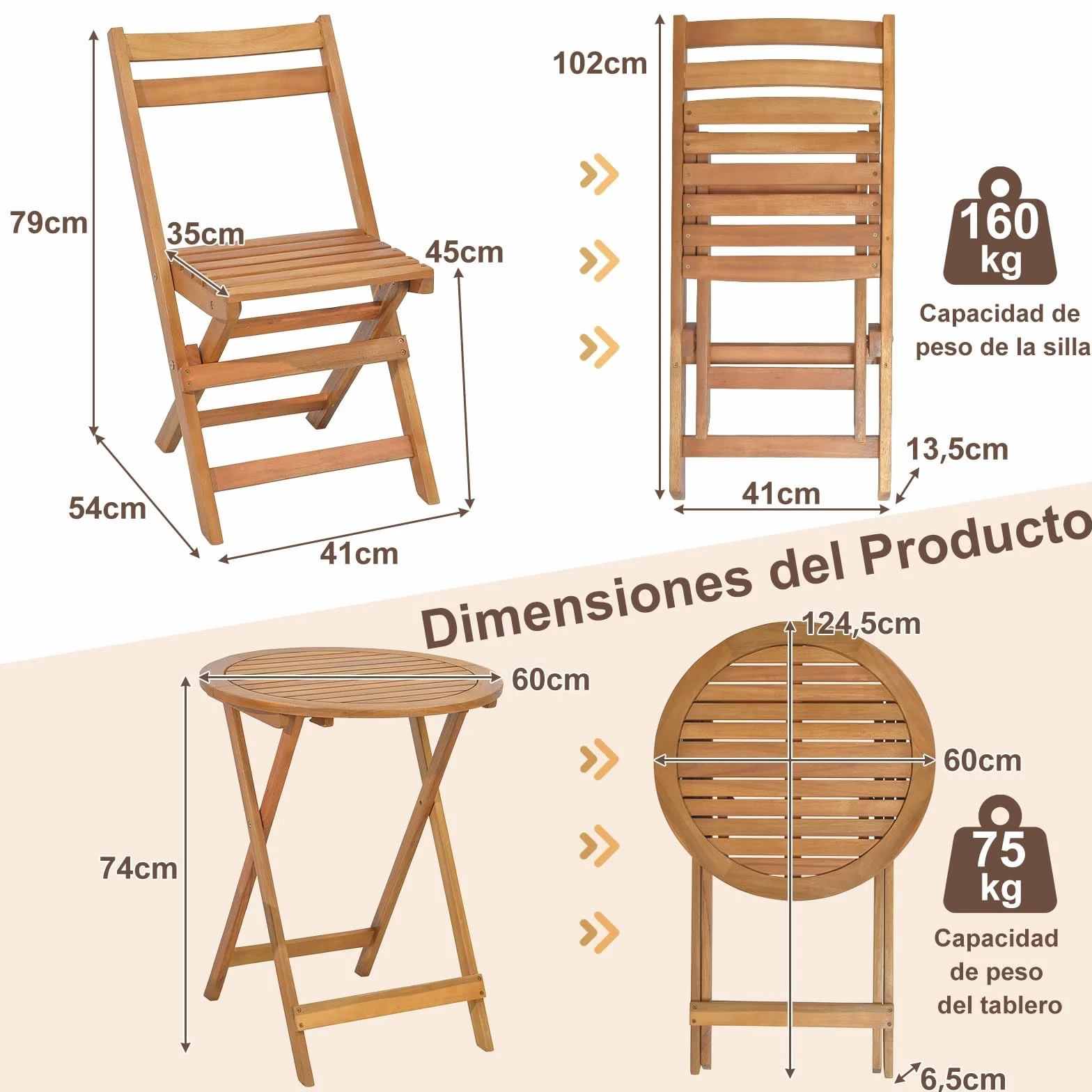 COSTWAY Conjunto Mesa y Sillas Jardin, Mesa Redonda y 2 Sillas Plegables de Madera de Acacia para Exterior