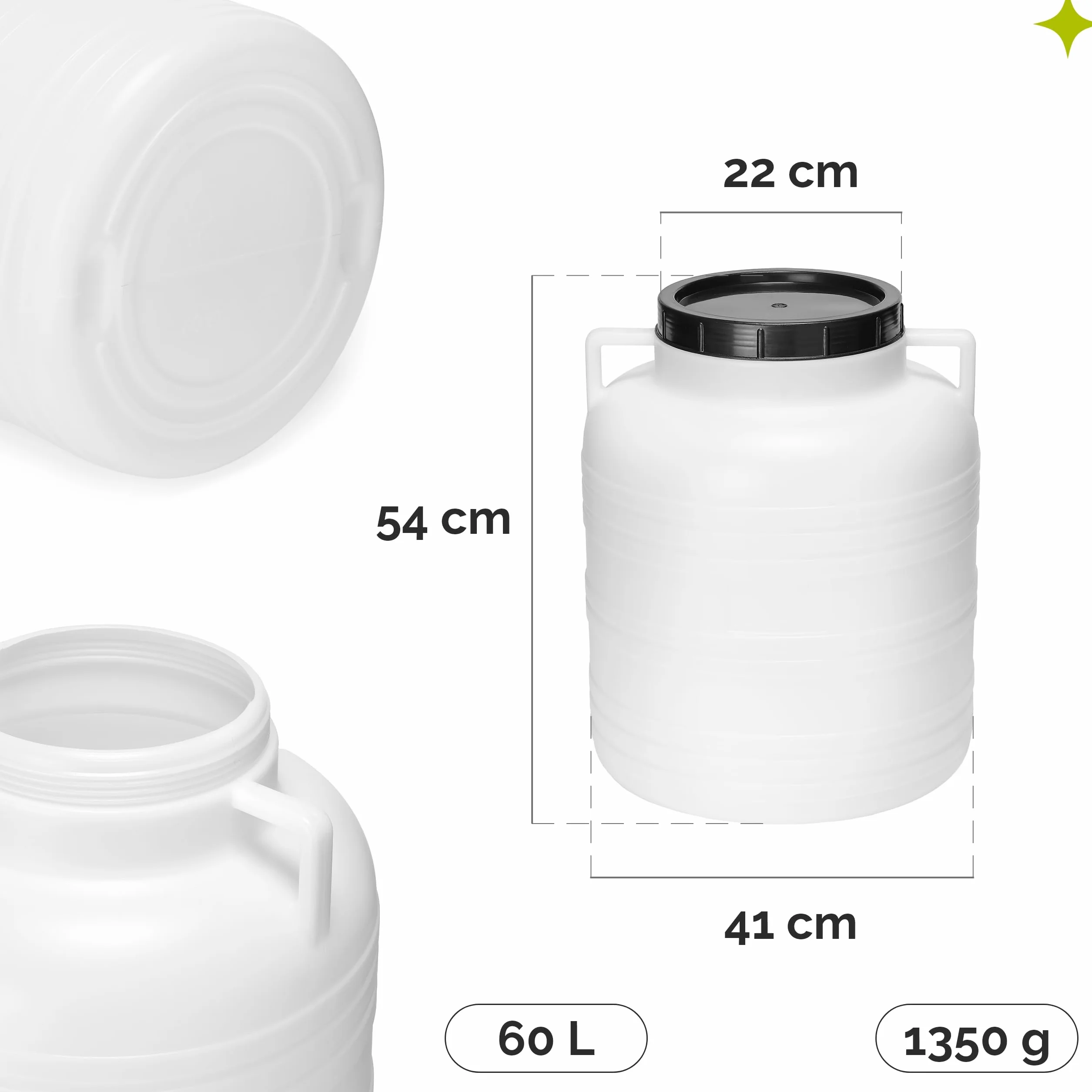 Garronda 60 litros Barril BPA-Libre Boca Ancha Depósito Agua Contenedor Tapa Sauerkraut Cuba Lluvia Salmuera Carne Blanco