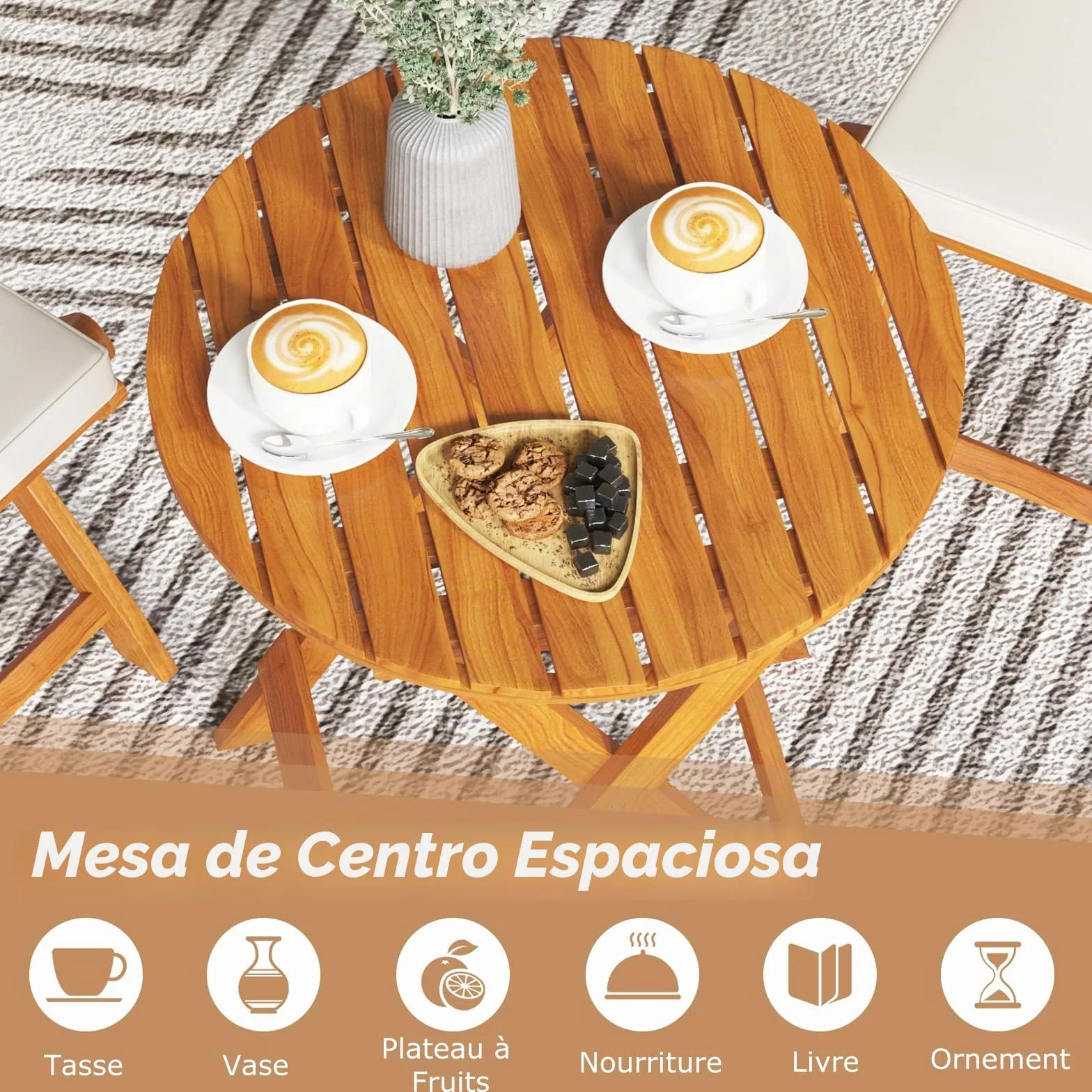 GOPLUS Juego de Mesa y Sillas para Jardín 3 Piezas, Mesa Redonda y 2 Sillas Plegables con Cojines, Madera de Acacia, Beige