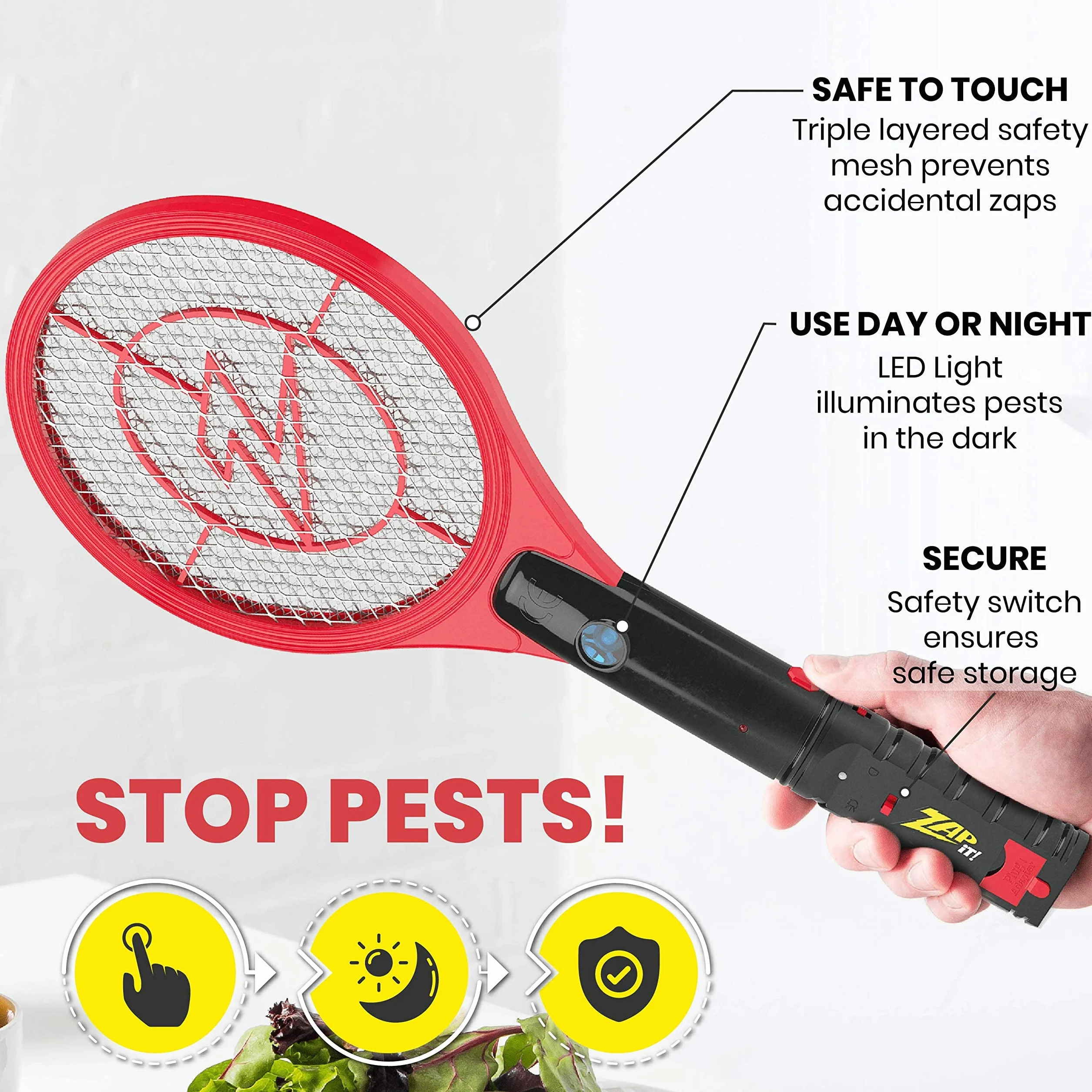 ZAP IT! Bug Zapper - Raqueta recargable para eliminar insectos, 4.000 voltios, cable de carga USB, paquete de 2