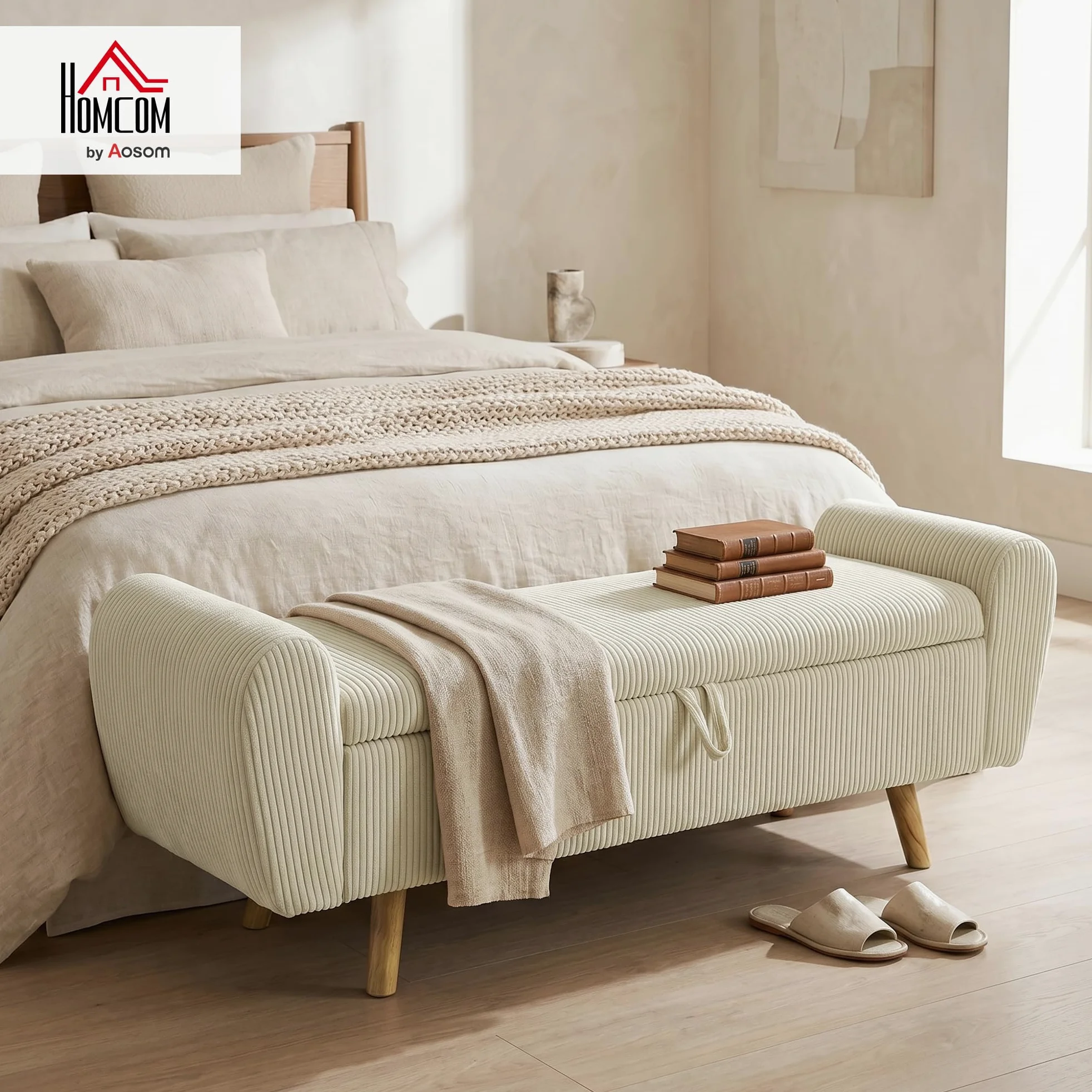 HOMCOM Banco Almacenaje 150 cm Puff Almacenaje Tapizado en Pana Beige | Banco Pie de Cama, Brazos Redondeados, Patas de Madera, Otomana para Dormitorio, Salón, Recibidor