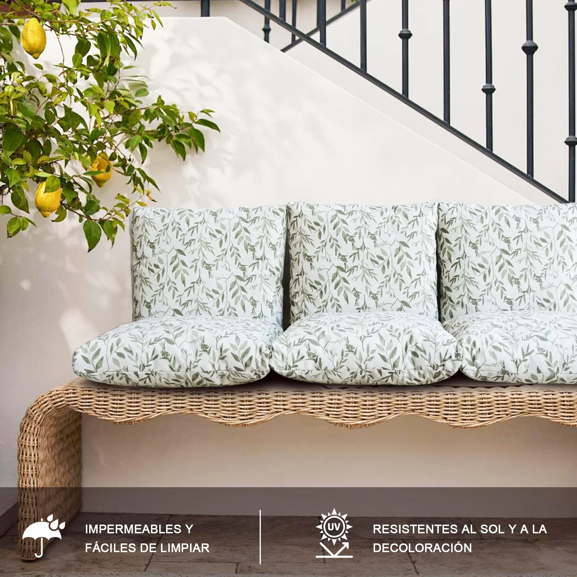 Pack 4 Cojín Silla Exterior 45x45cm, Tela Alta Densidad, Impermeable, Resistente UV, Verde Hoja Fina