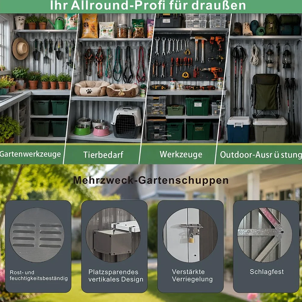 Caseta de jardín acero galvanizado 10,21 m² 3 ventanas puertas dobles cerradura estante flores impermeable gris antracita