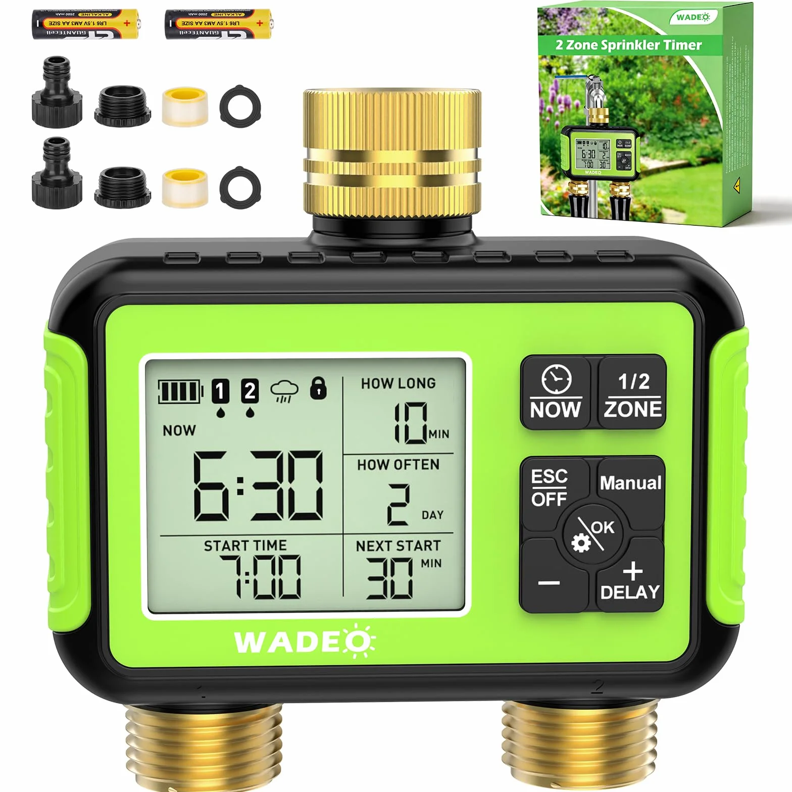 WADEO Programador de riego 2 Salidas, latón, Pantalla LCD, Temporizador de Agua automático/Manual/retardo por Lluvia