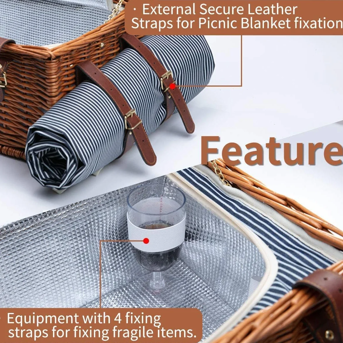 Cesta de Picnic de Mimbre para 4 Personas con Compartimento Aislado, Manta de Picnic Impermeable y Kit de Cubiertos, Canasta de Picnic para Camping, Excursiones