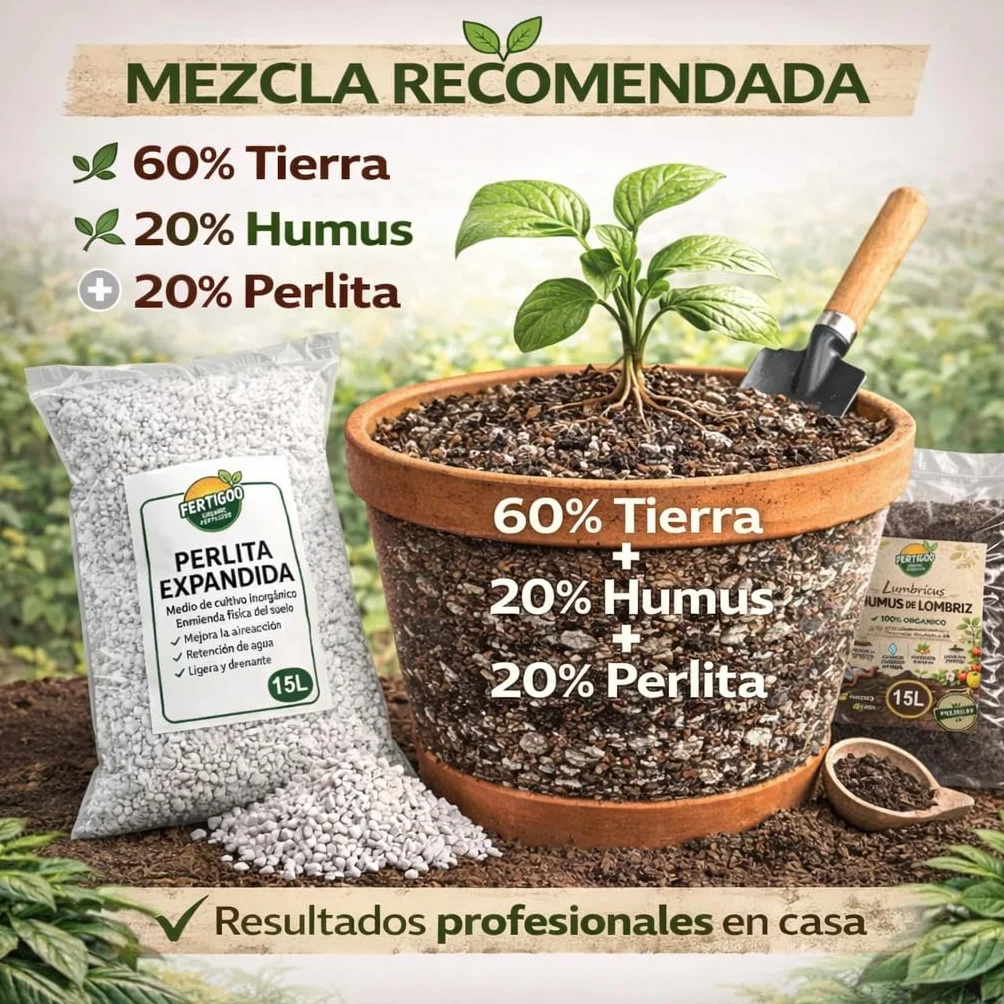Fertigoo® Perlita 15L + Humus de Lombriz 15L | Aireación y Drenaje + Abono Orgánico | Ideal para Huerto, Macetas y Plantas Kit Profesional Completo 30L