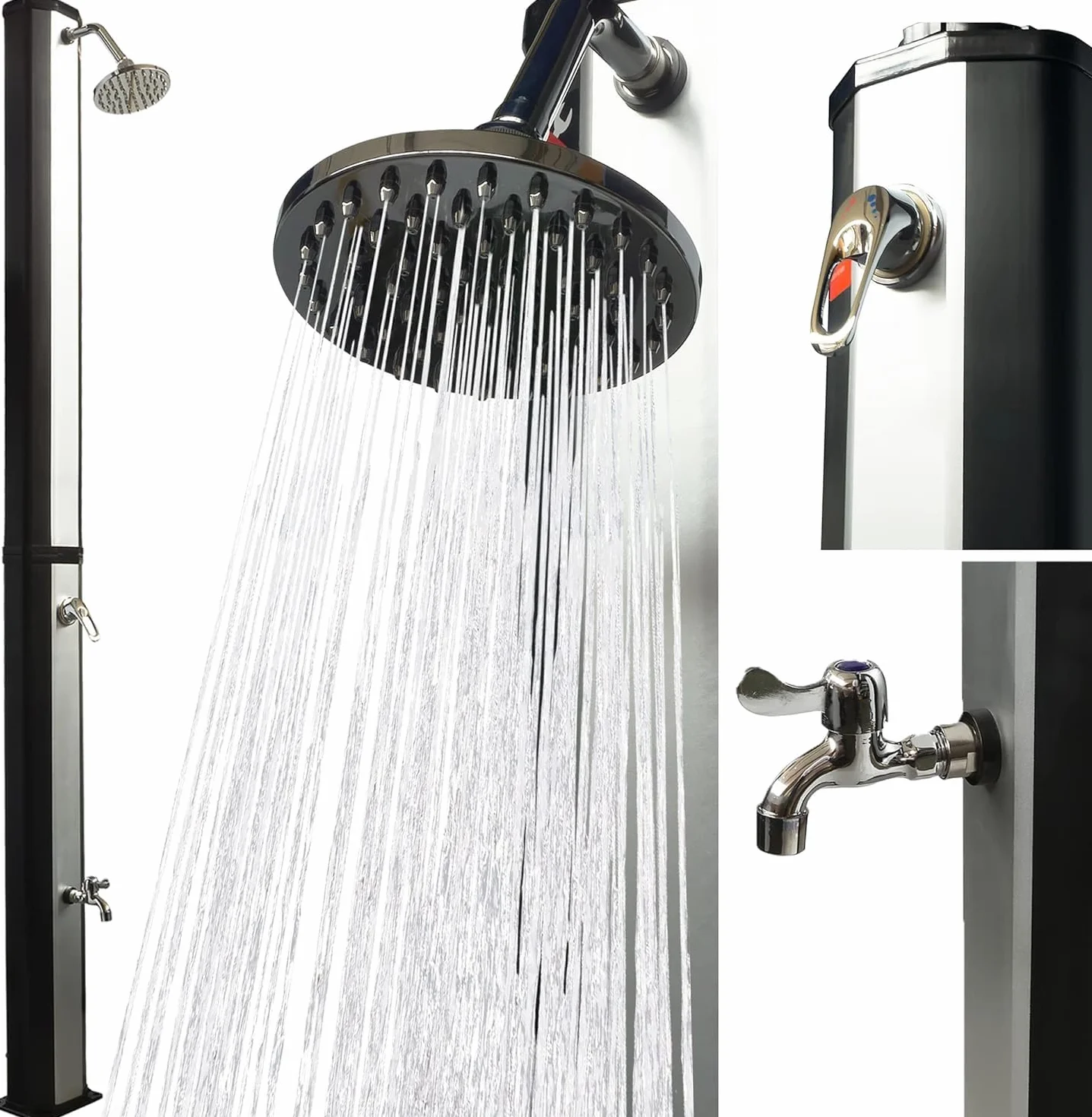 UMBRELLA® Ducha Solar 35 Litros con Lavapiés, Cabezal Giratorio Lluvia, Jardín Exterior Piscina, Negro Plata