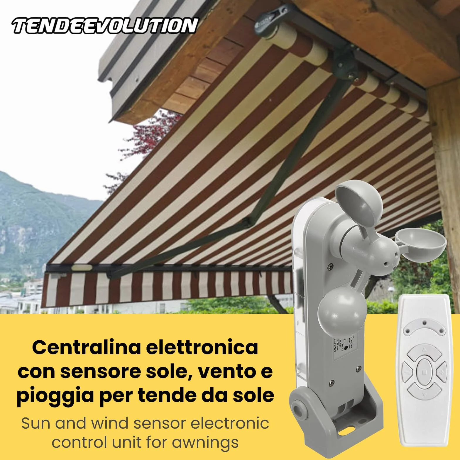 TENDEEVOLUTION Central de Mando para Toldo con Mando a Distancia y Sensor de Lluvia y Viento Anemómetro Exterior