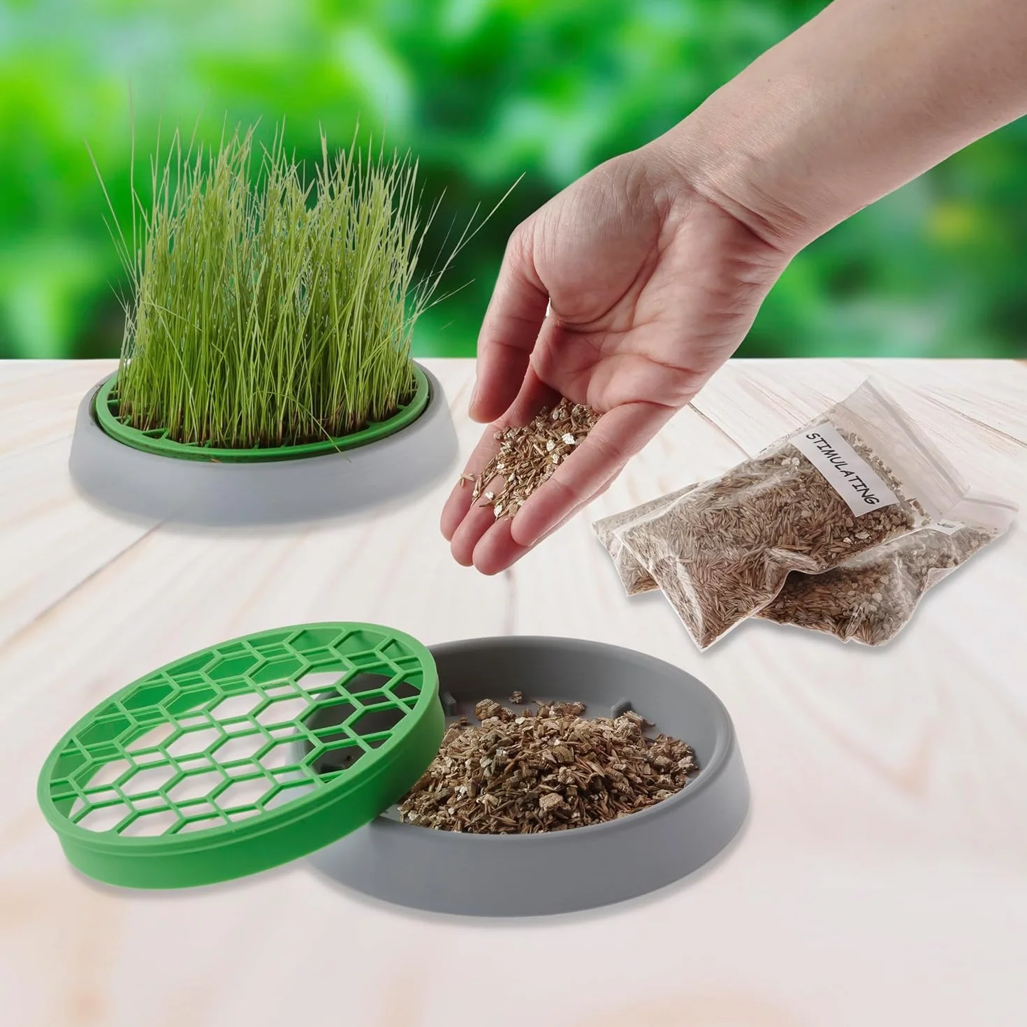 Double Seeds Kit Hierba para Perros Maceta Germinadora 2 Tipos Estimulante Digestiva 4 Sobres Semillas Sustrato
