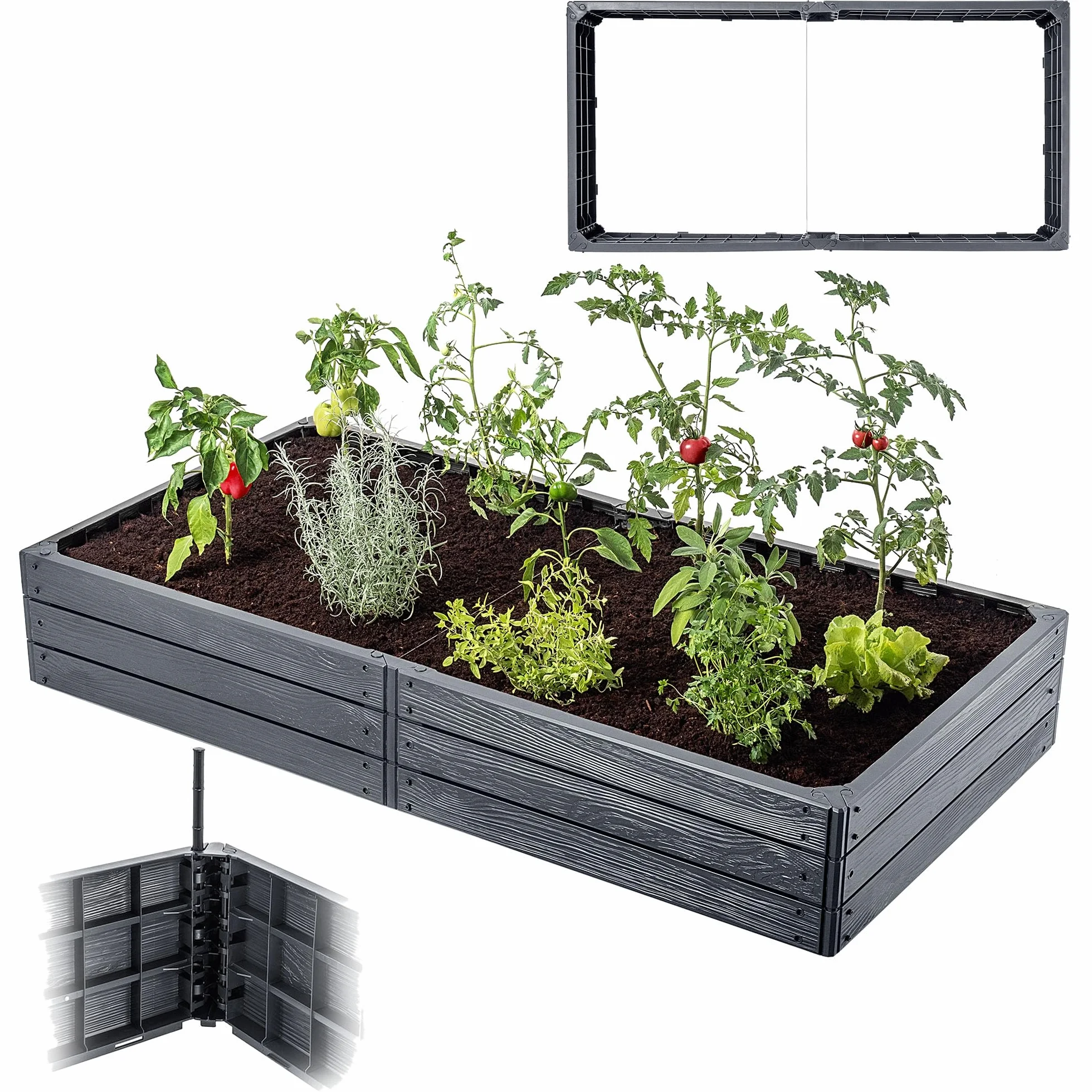 KADAX Jardín, arriate elevado, para el cultivo de verduras, flores y hierbas, macizos de hierbas, huertos, marco de plástico (rectangular antracita)