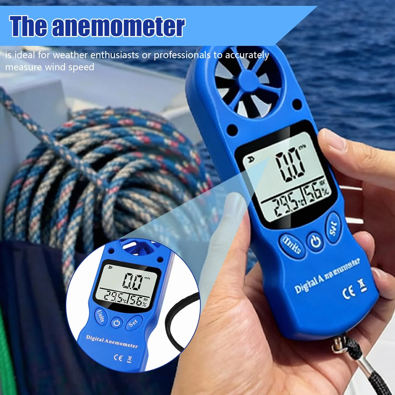 Anemómetro Portátil Digital 3 in 1, Medidor de Velocidad del Viento 0,3-30 m/s con Sensor de Temperatura y Humedad