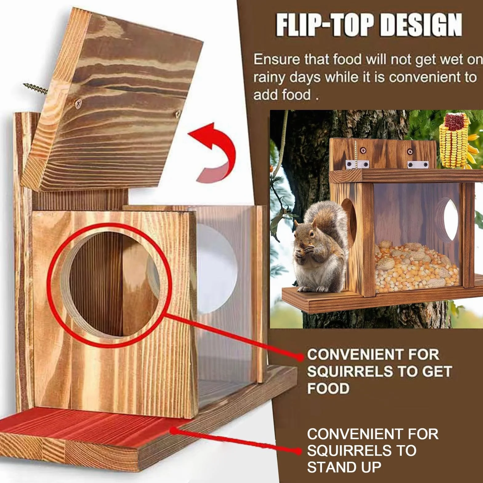 Caja de Madera para Comederos de Ardillas Rústica Decoración de Jardín
