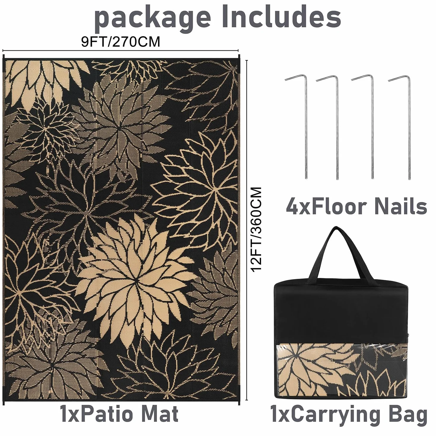 SHACOS Alfombra Exterior Impermeable Reversible 270 x 360 cm Grande para Patios Jardines Camping