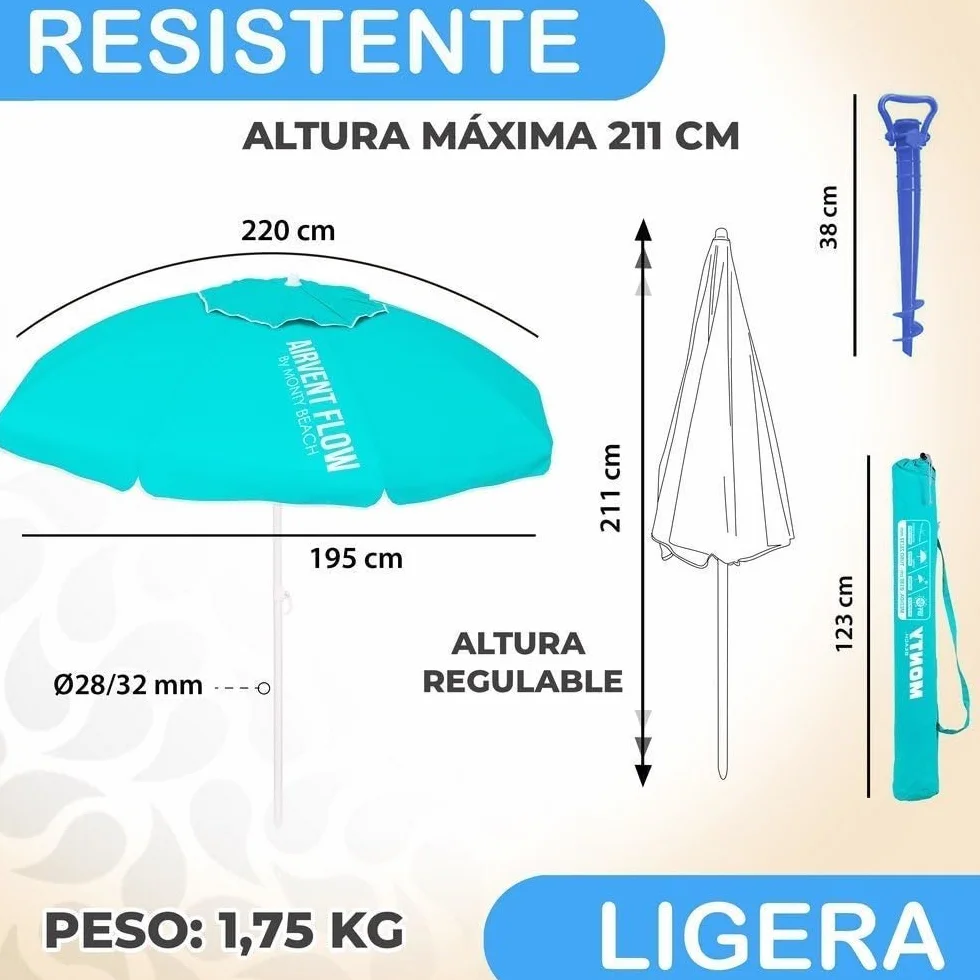 LOLAhome Sombrilla Playa 220 cm protección UV+50 antiviento Varillas Flexibles Fibra