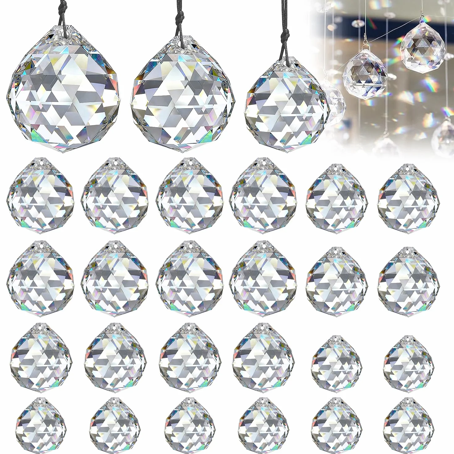 Atrapasoles Bola de Cristal Prisma 24 Piezas Reutilizables Colgante Transparente 20mm 24mm 29mm Decoración
