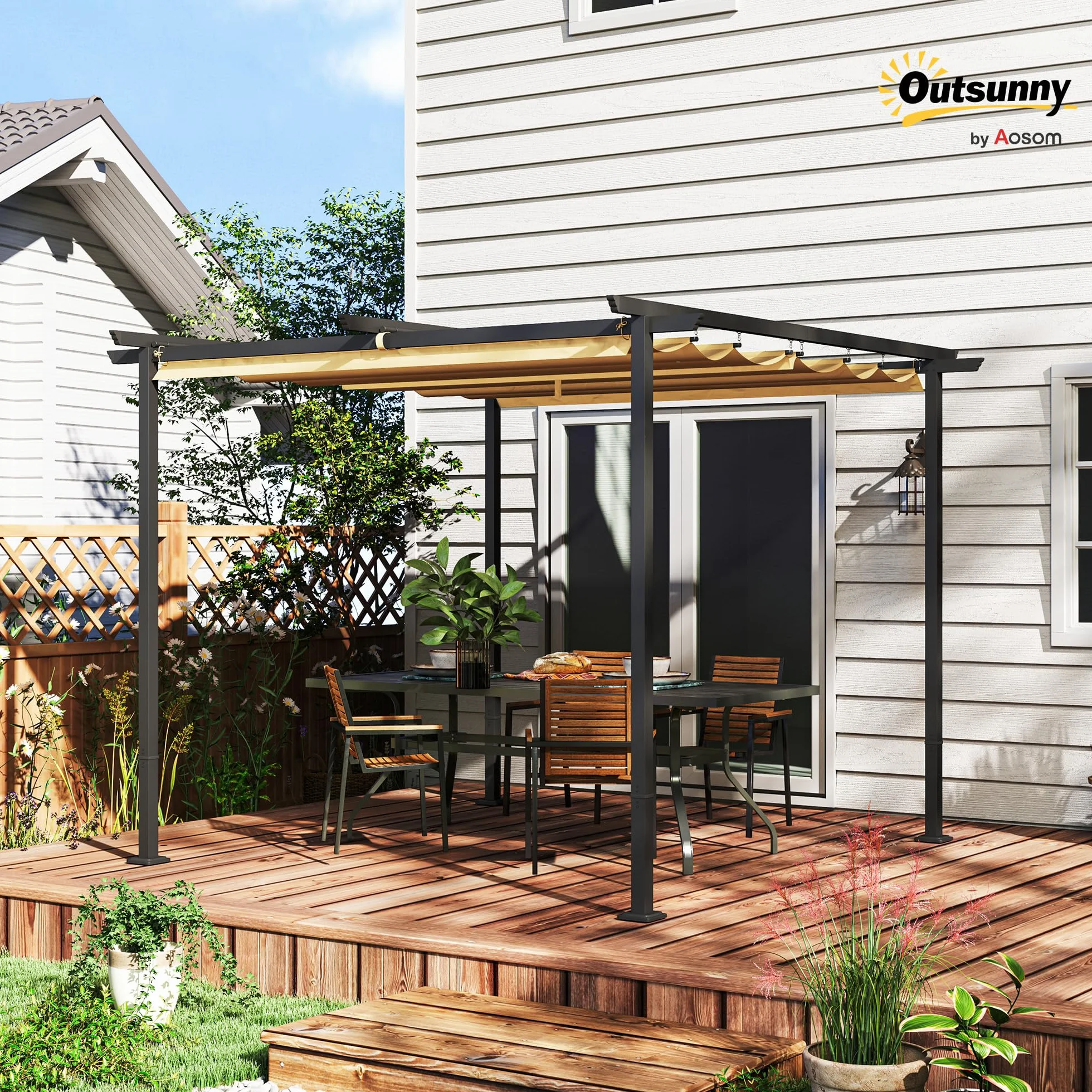 Outsunny Pérgola 3x3m Pabellón de jardín con techo de terraza de metal, pabellón de jardín con techo solar ajustable, protección UV 30+ Protección solar independiente para terraza y jardín, Beige