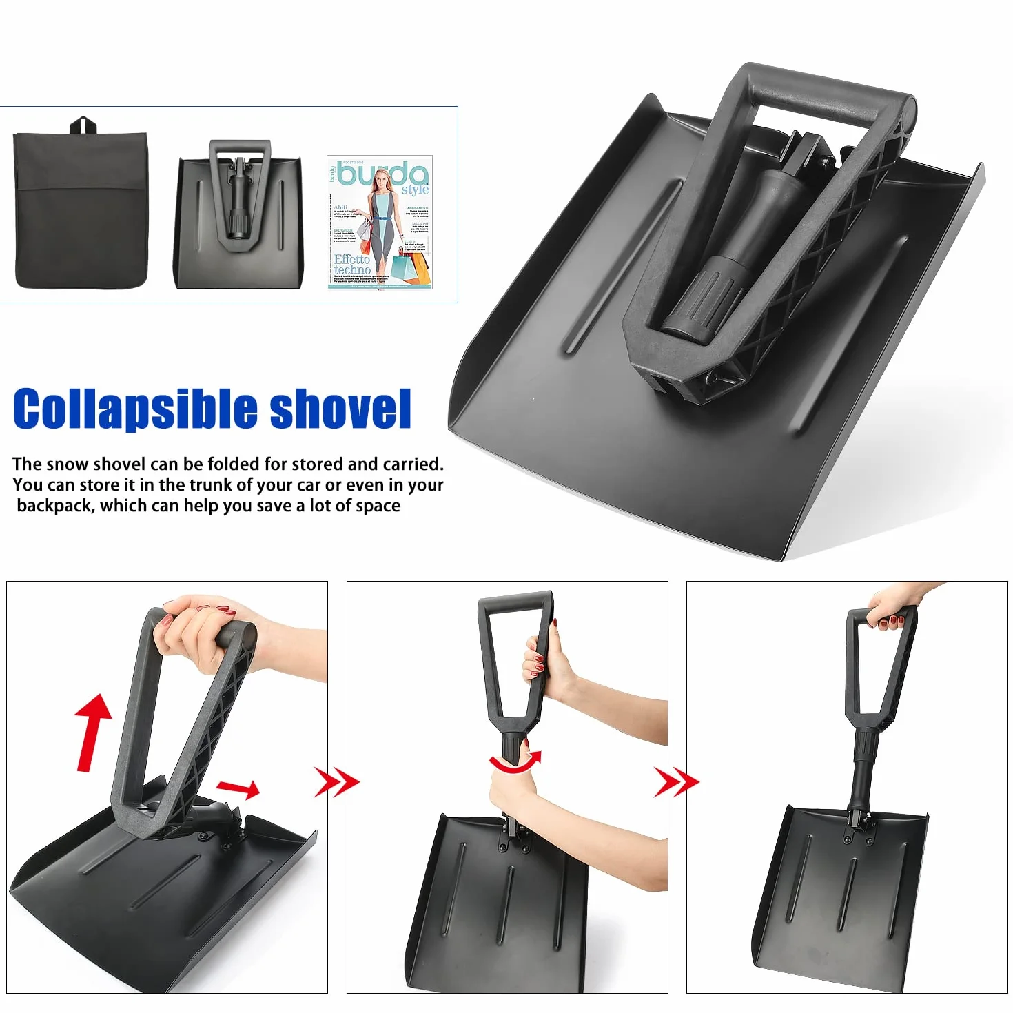 Pala de Nieve Plegable Invierno con Bolsa de Transporte, Mango Ajustable para Jardín Coche Camping