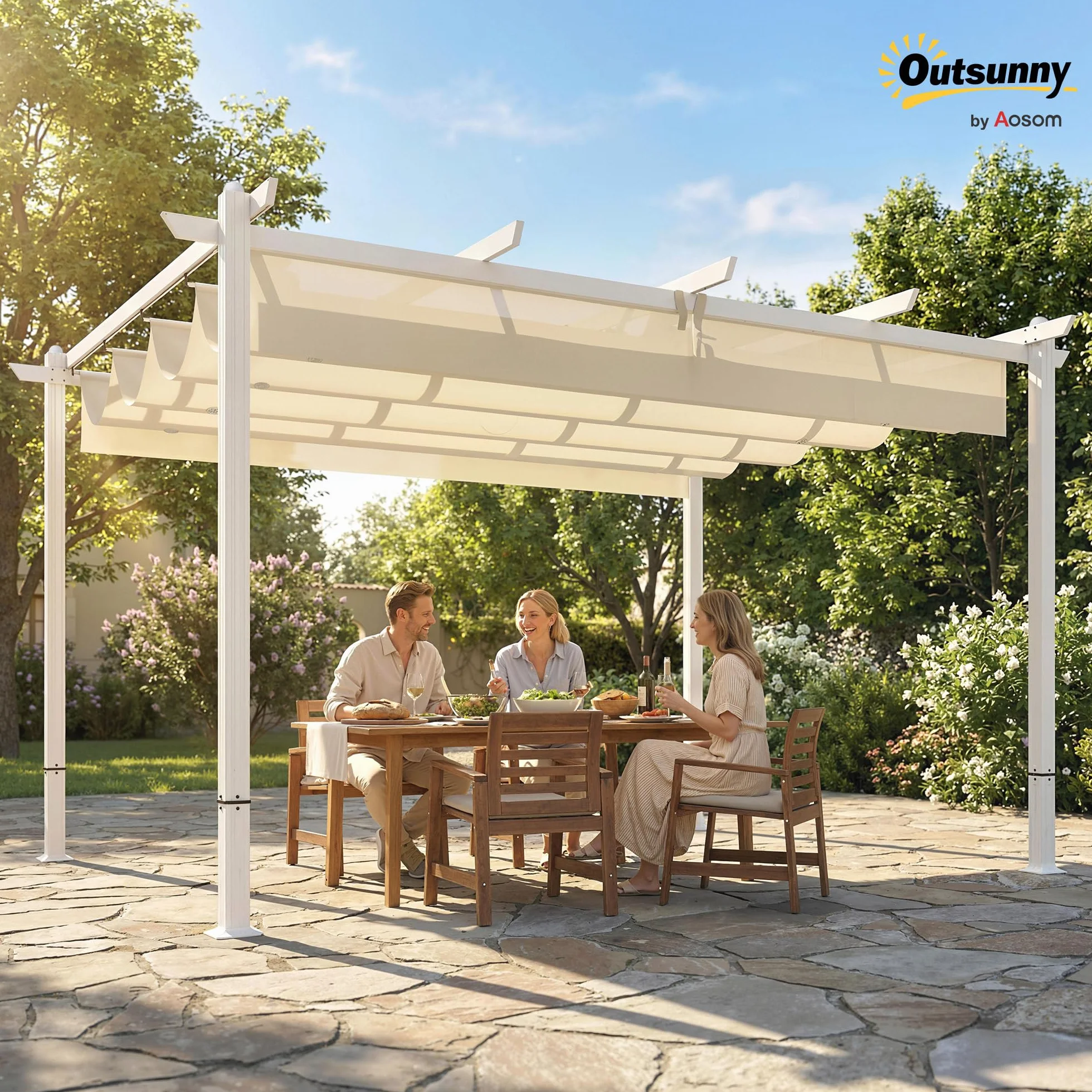 Outsunny Pérgola de Jardín 4x3 m Techo Retráctil UPF30+ Estructura Metálica Beige