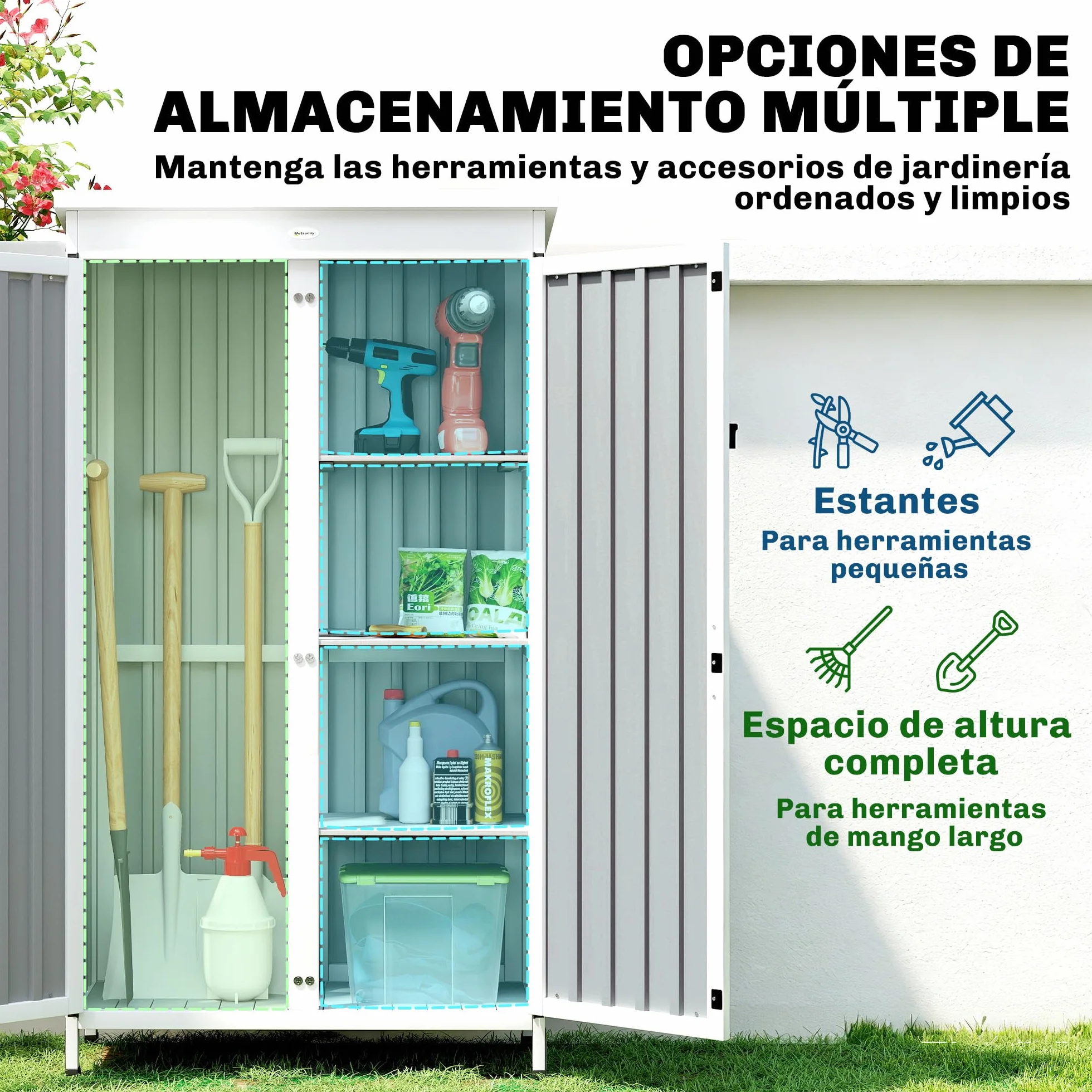 Outsunny Caseta de Jardín Madera Acero 94x43x166 cm Cobertizo Exterior Armario Herramientas 2 Puertas Estantes Ajustables Techo Impermeable Negro