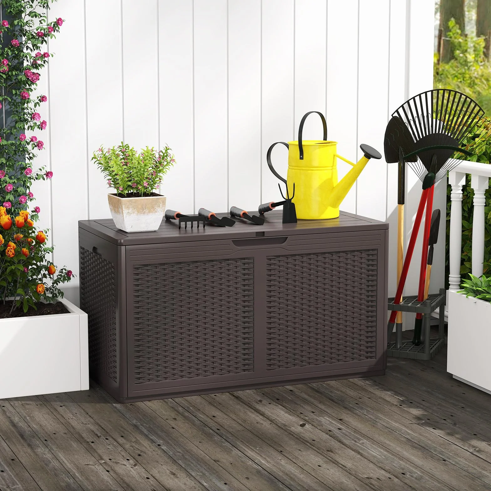 GOPLUS Baúl Almacenaje Exterior 380 L, Arcón Resina Impermeable con Cerradura, 111 x 56 x 61 cm Marrón