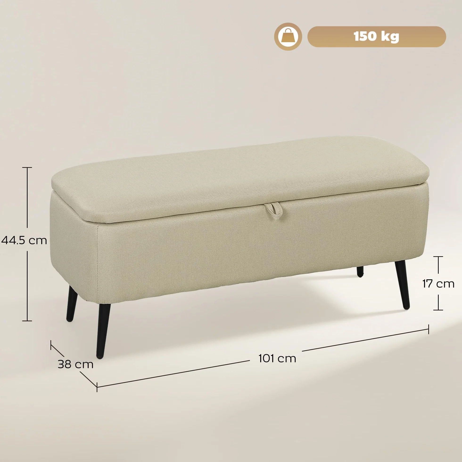 HOMCOM Banco Almacenaje Puff 61L Tapizado Lino Sintético Tapa Abatible Patas Acero 150 kg 101x38,5x44,5 cm Beige