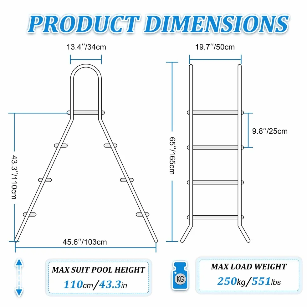 Escalera para piscina fuera de tierra de doble 4 peldaños acero capacidad 250 kg