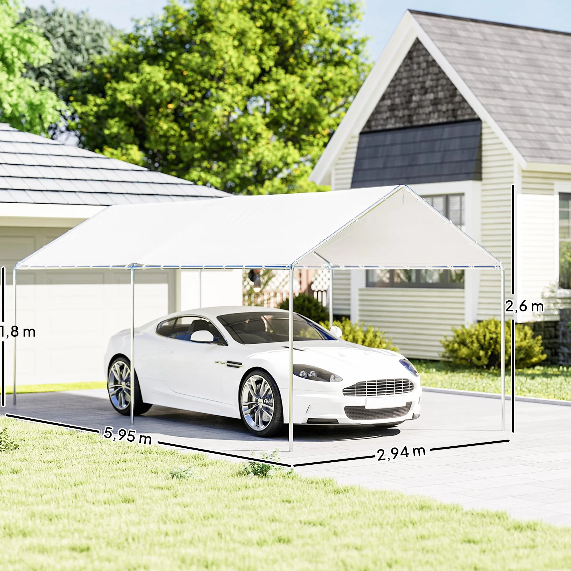Outsunny Carpa Garaje 3x6 m Cochera Exterior Portátil Impermeable Anti-UV Marco Acero Galvanizado Blanco