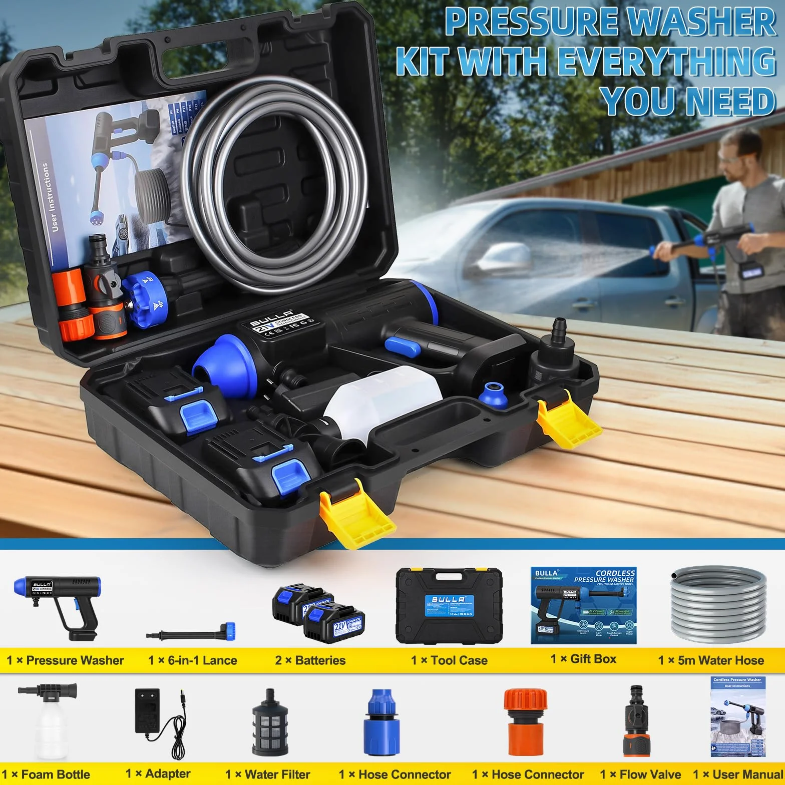 Hidrolimpiadora Batería, Pistola de Agua a Presión 6 en 1, 2 Baterías 4,0 Ah, Limpieza Coches