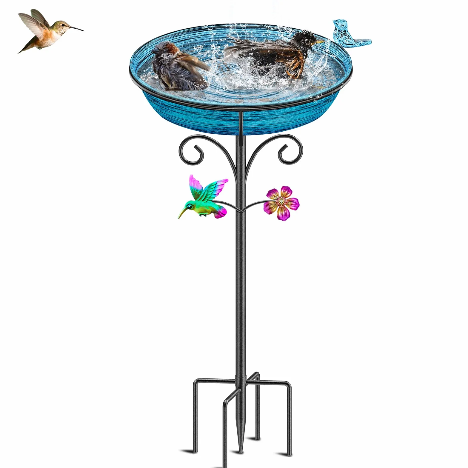 Baño de metal para pájaros para exteriores, cuenco independiente para pájaros, baño vintage para pájaros para exteriores, patio, jardín, decoración de césped (azul vintage)