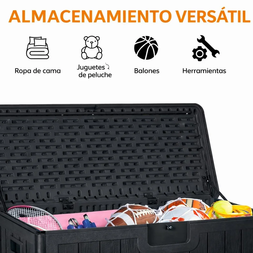 Baúl exterior almacenaje resina impermeable multiusos 410L | Arcón jardín resistente intemperie | Cofre organizador tapa asas