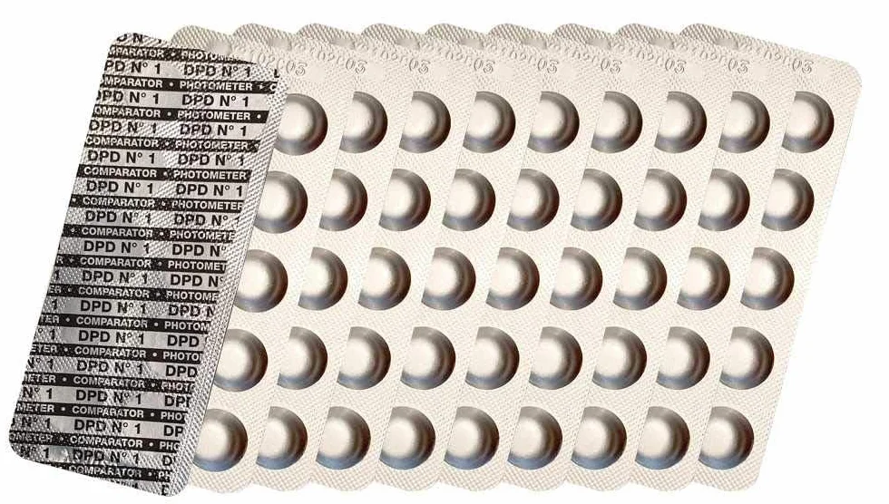 Pastillas de prueba para fotómetros DPD 1 Cloro, DPD3, DPD4 Oxígeno Activo, Alcalinidad M, CYA, Rojo Fenol Valor en pH Comprobador de agua de piscina 50/100/250/500x (DPD1 / 100x)