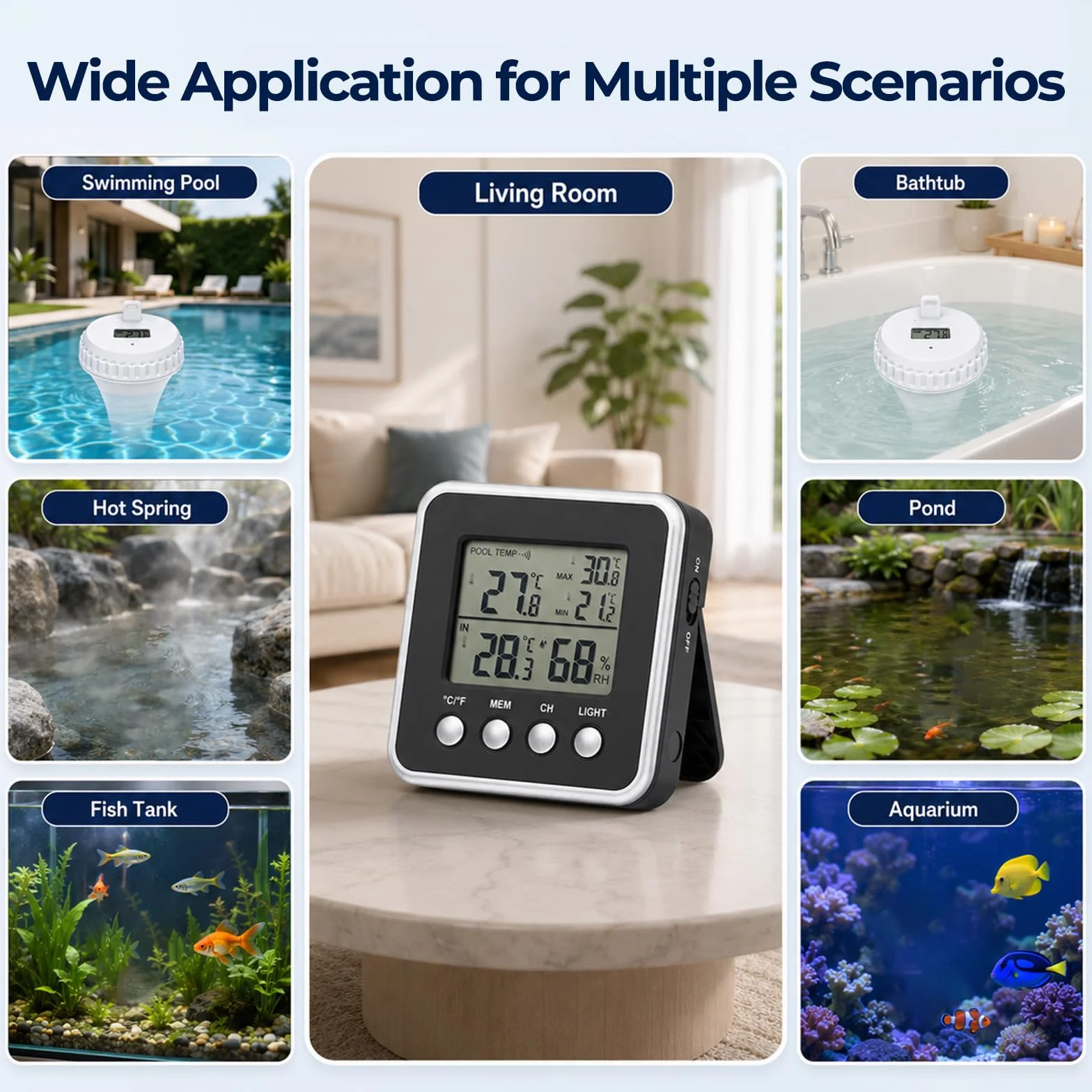 Termómetro de Piscina Inalámbrico 150m Sensor Flotante IPX8 Impermeable Monitor Interior Medición Tiempo Real