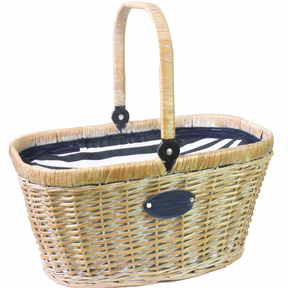 Les Jardins de la Comtesse - Cesta Chantilly Marine de Mimbre Blanqueada - Nevera Isotérmica - para el Mercado, el Picnic o la Playa - Asa Plegable - Tela Azul/Rayas Blancas - 48 cm x 29 cm x 27 cm