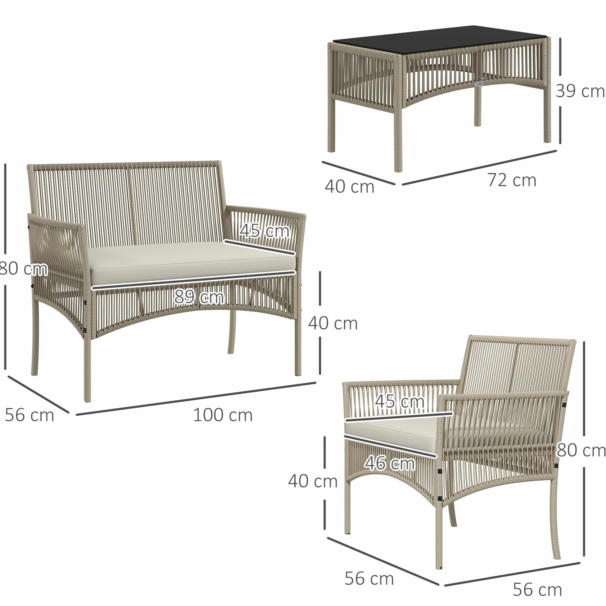 Outsunny Conjunto Jardín Exterior Ratán 4 Piezas Sofá 2 Plazas Sillones Cojines Mesa Tablero Vidrio Caqui