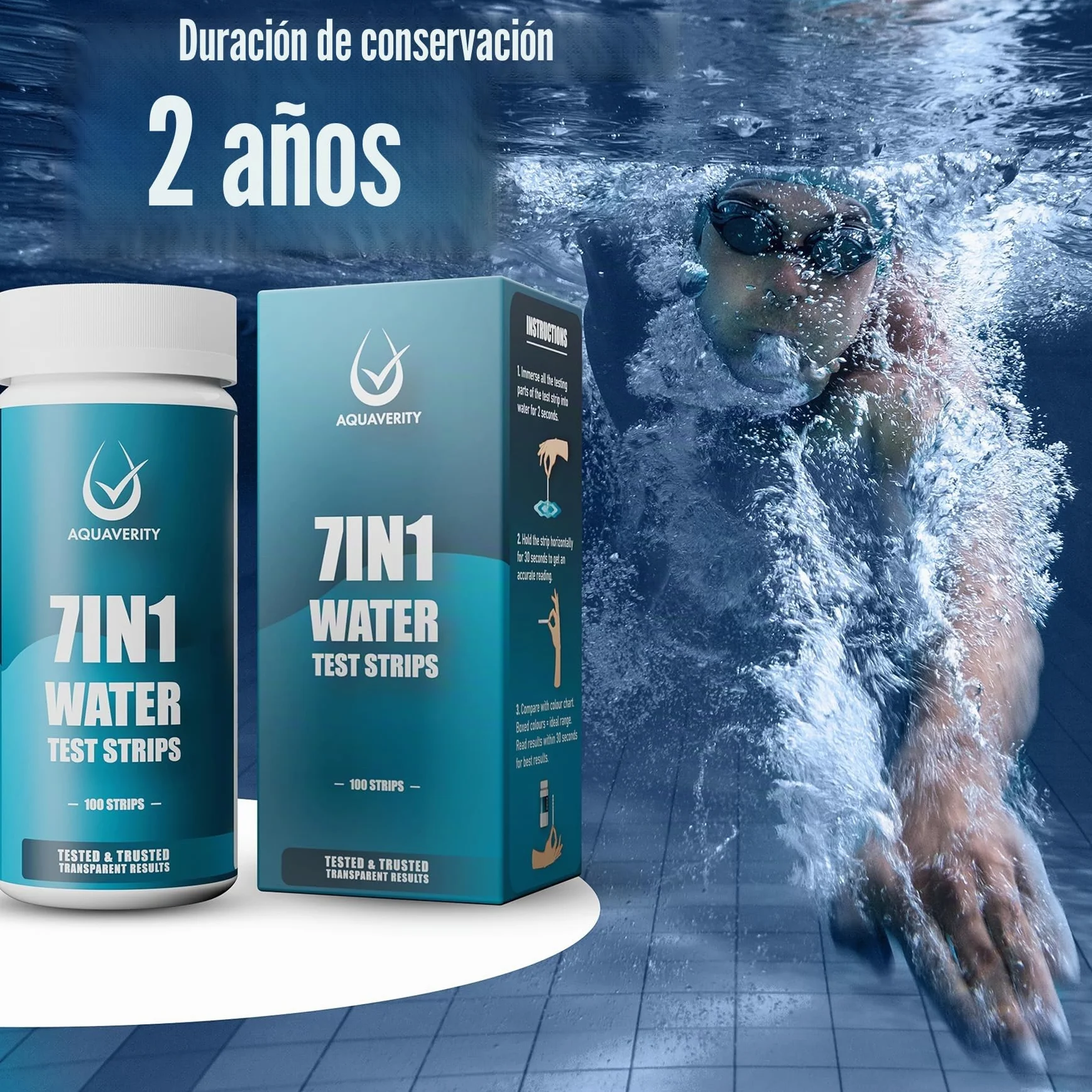 Tiras Reactivas Piscina, 100 Tiras Reactivas Para Piscina y Spa Para Alcalinidad Total, Dureza, Lloro Libre, Bromo, pH, Acido Cianurico y Cloro Total, Kit de Prueba de Agua Preciso 7 en 1